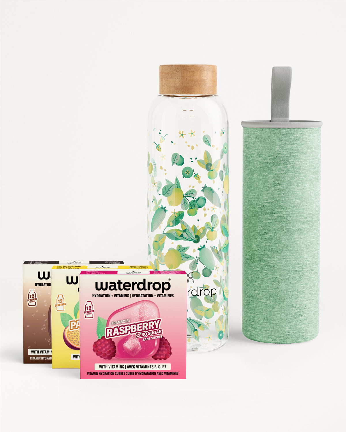 Edition Glass Microdrink Set with hydration cubes and carry sleeve.