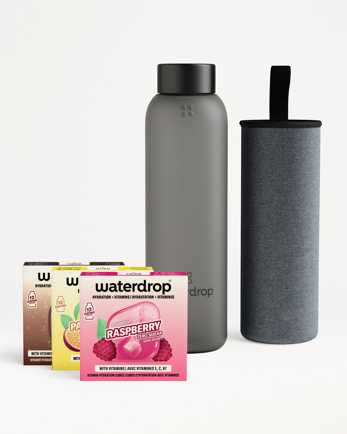 Edition Glass Microdrink Set with hydration cubes and bottle.