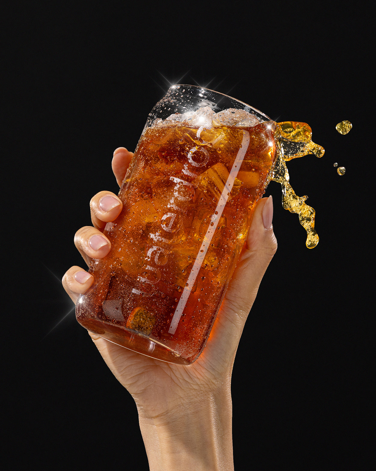 Cola Orange Set 3+1: carbonated drink in glass vessel.