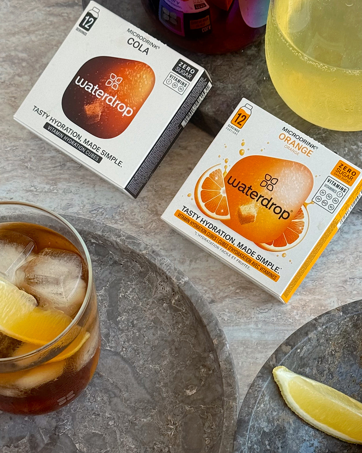 Cola Orange Set 3+1: Vitamin hydration cubes with iced drinks.