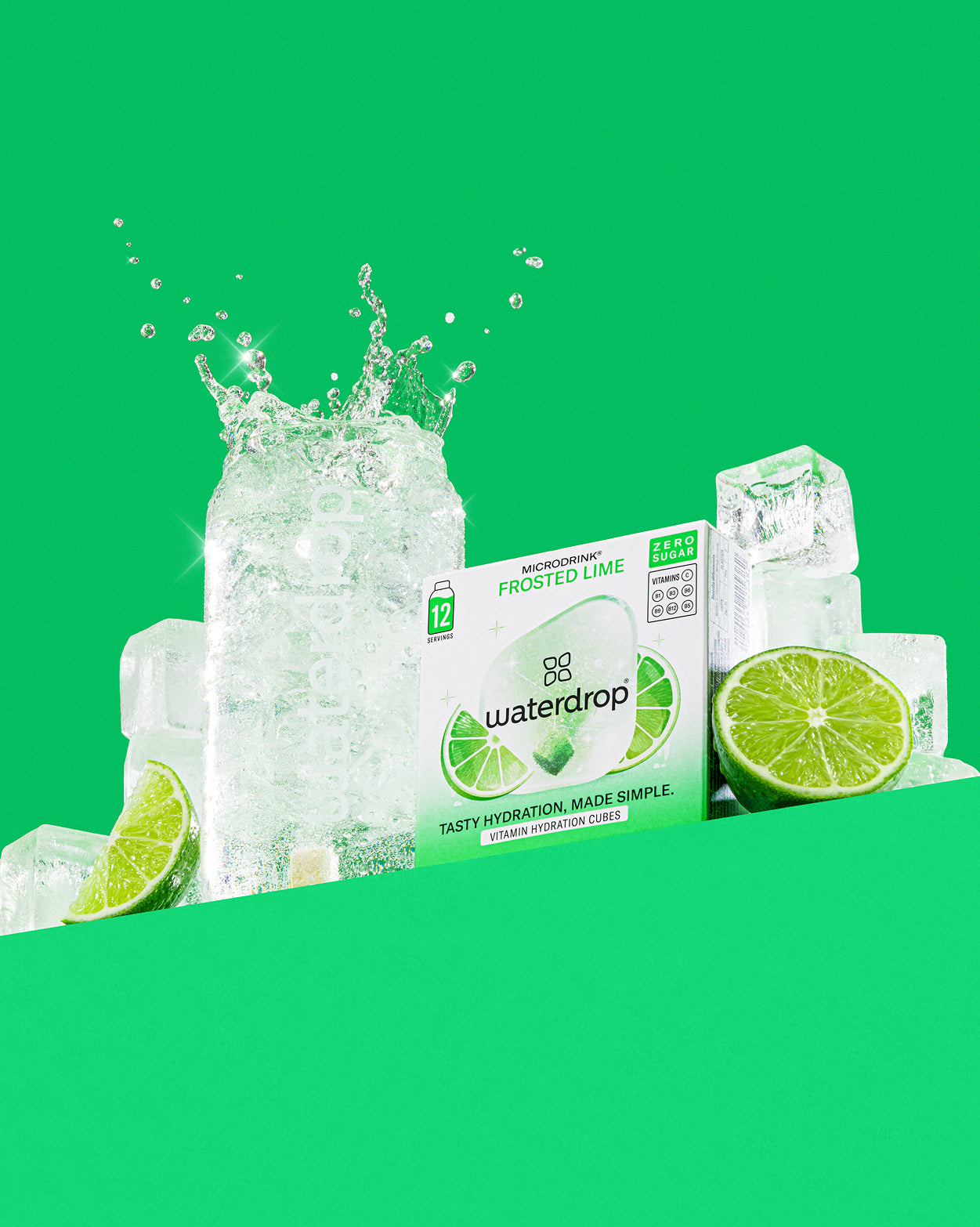 Frosted Lime hydration cubes with lime slices and dissolving cube.