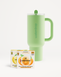 Chill Mode Set: pastel-green waterdrop tumbler with Ice Tea Peach cubes.