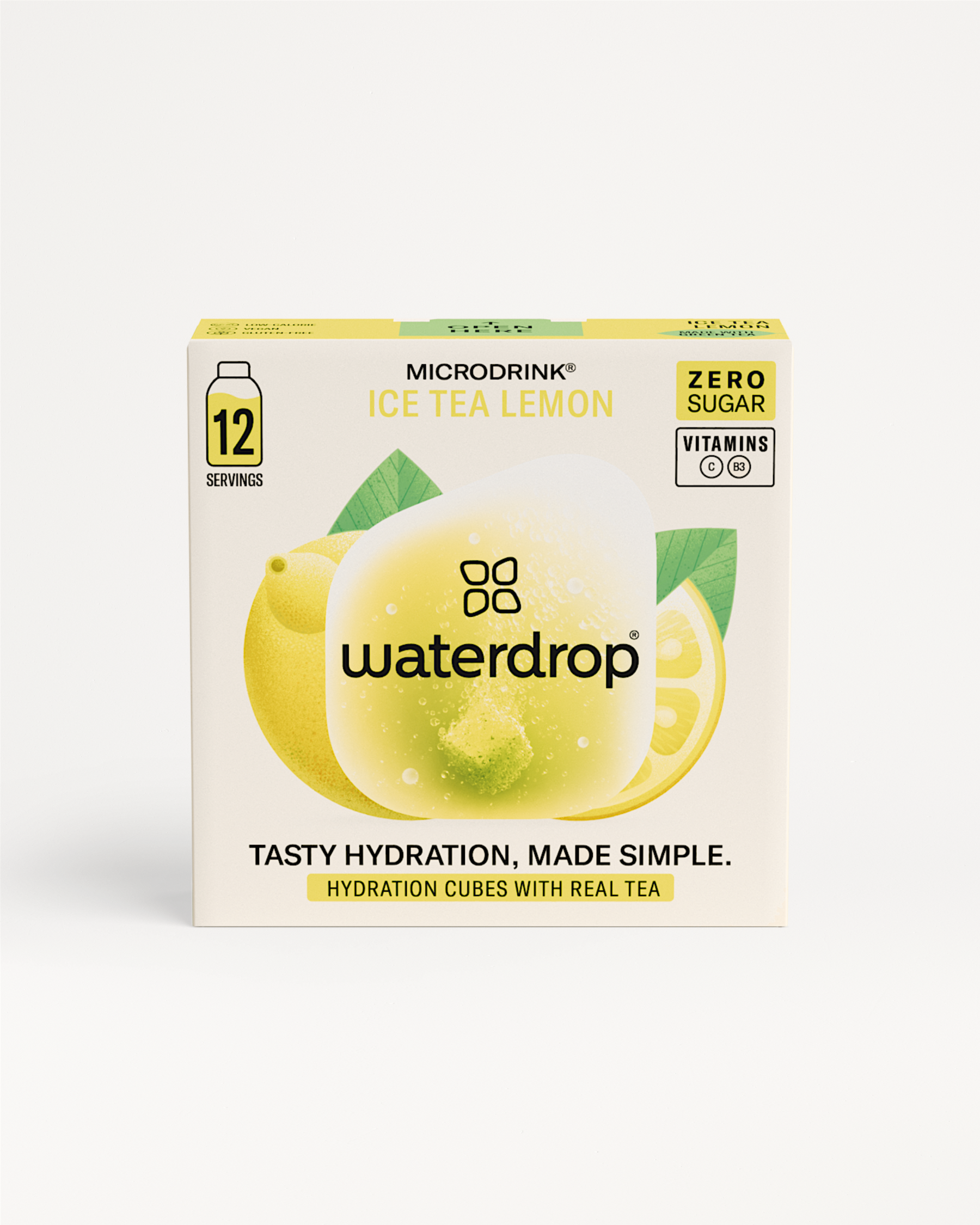 Box of ICE TEA LEMON, a waterdrop® EU product, featuring lemon and green tea mix, ready to dissolve in water for a refreshing beverage.