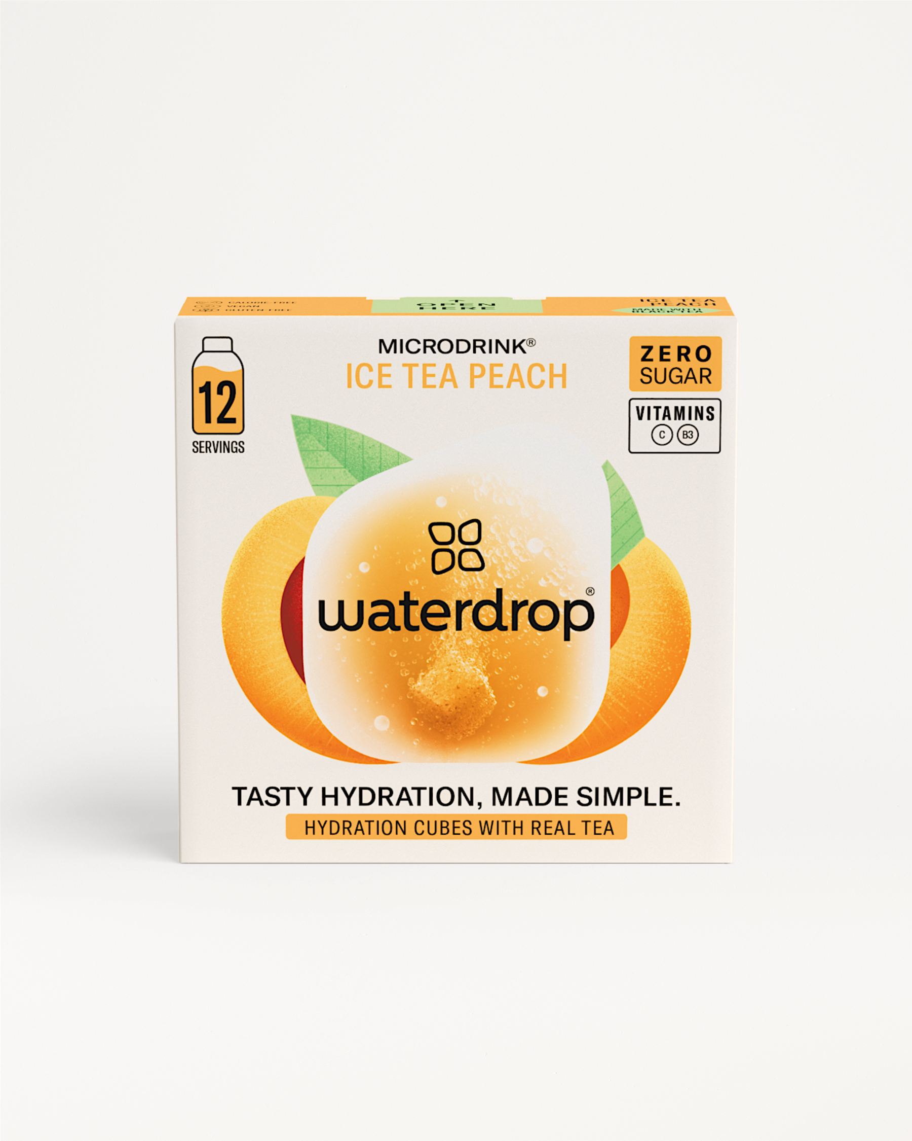 Box of waterdrop® ICE TEA Peach beverage, offering sweet, fruity flavor with black tea tartness, no sugar, transforming water into refreshing iced tea.