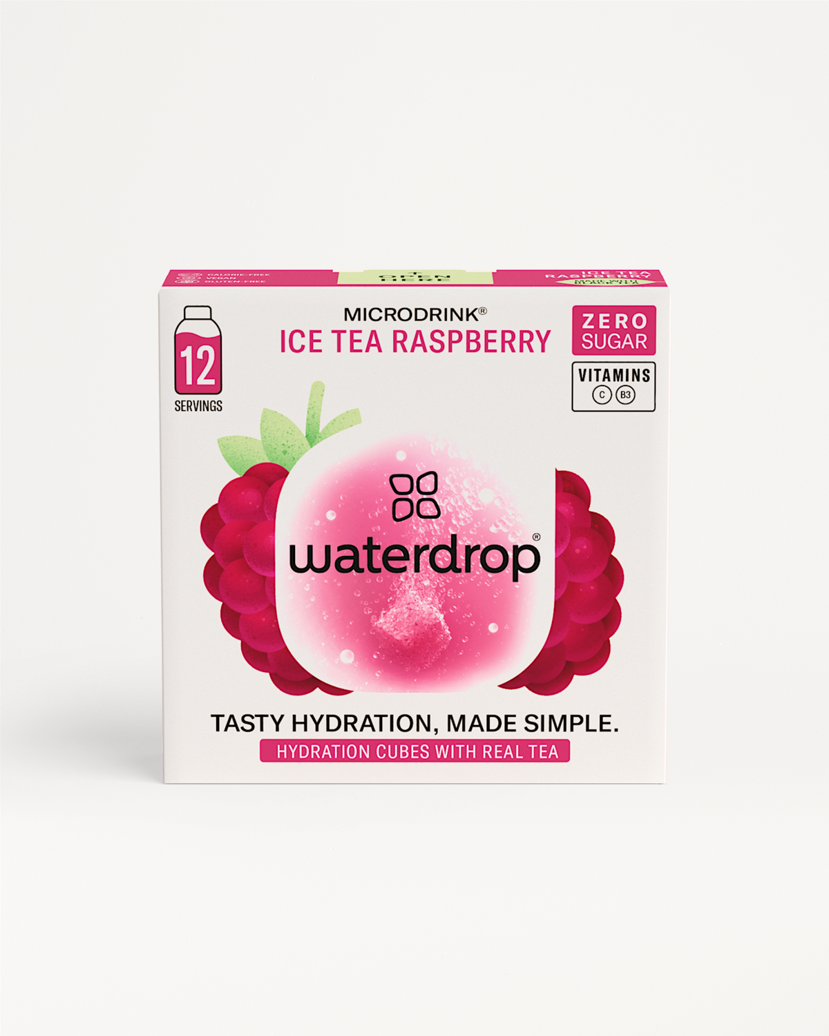 Box of ICE TEA RASPBERRY, featuring a logo and leaf design, promoting a sugar-free, tart raspberry flavored drink with floral undertones.