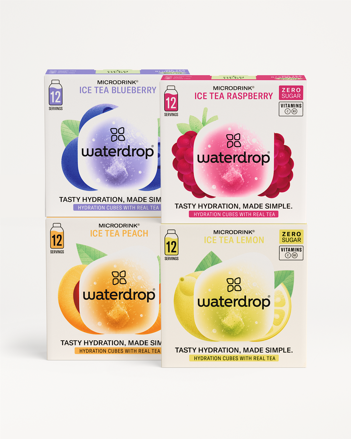 ICE TEA Set featuring boxes of tea in lemon, peach, blueberry, and raspberry flavors, each adorned with distinct logos and labels.