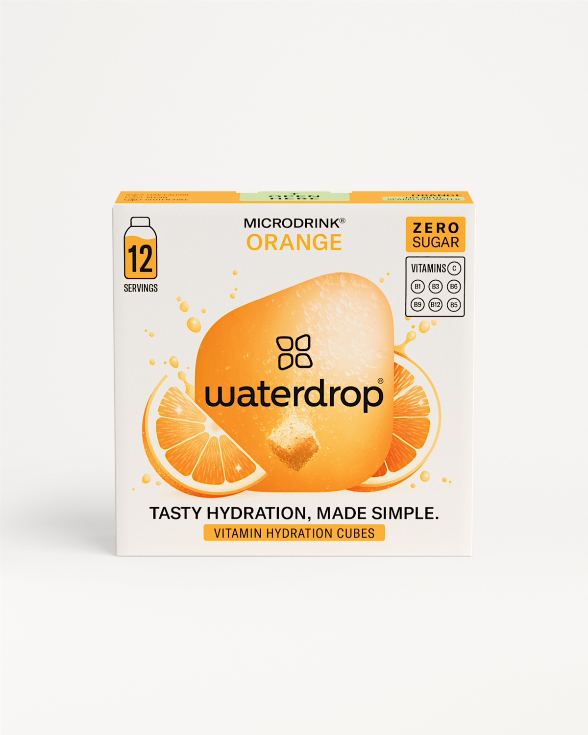 Box of ORANGE juice with company logo, featuring citrus flavor and no added sugar, part of waterdrop® EU's hydration product range.