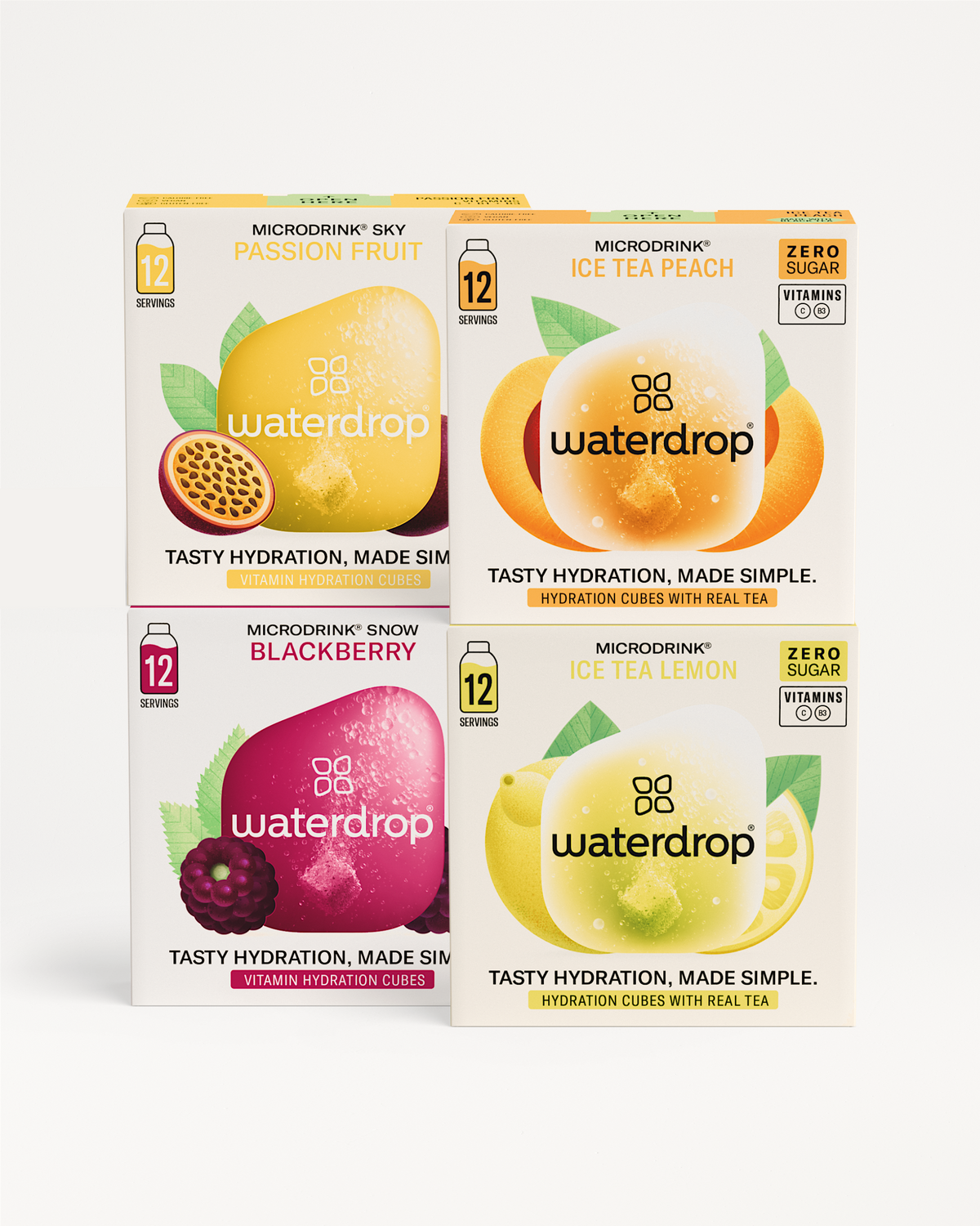 Microdrink Bestseller Set: A group of waterdrop® packages featuring 48 Microdrinks, highlighting popular flavors for optimal hydration in convenient, cube-shaped boxes.