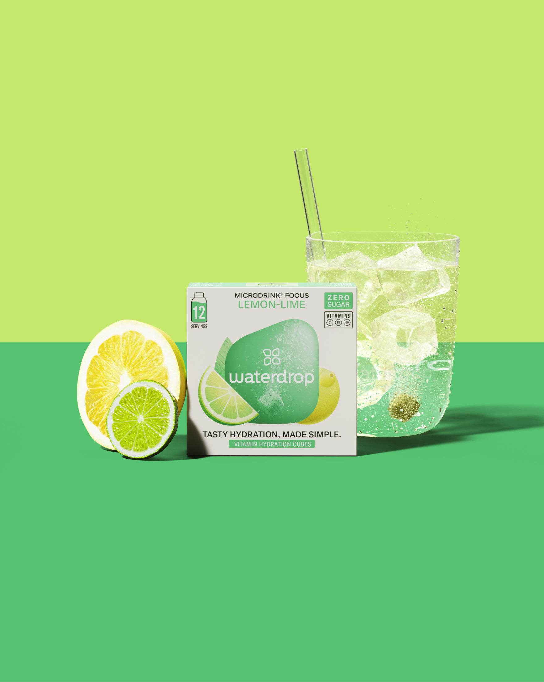 Waterdrop LEMON-LIME microdrink with ice-filled glass.