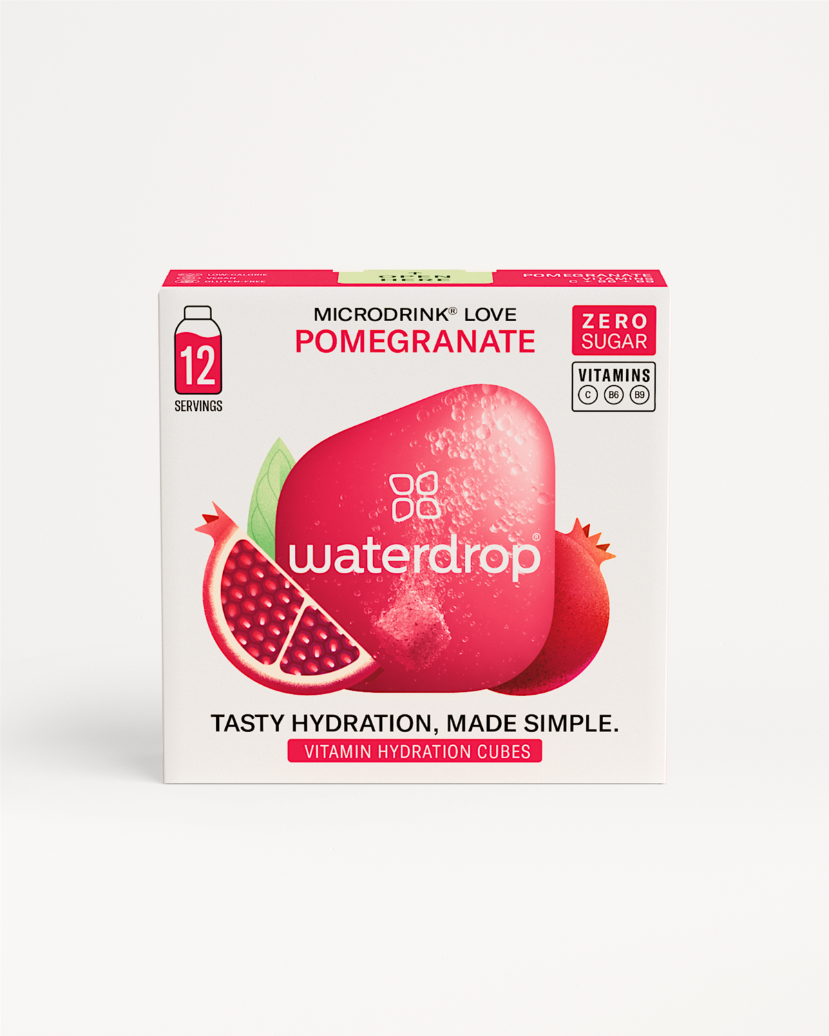 Box of waterdrop® POMEGRANATE juice cubes featuring pomegranate, goji berry, and acerola flavors.