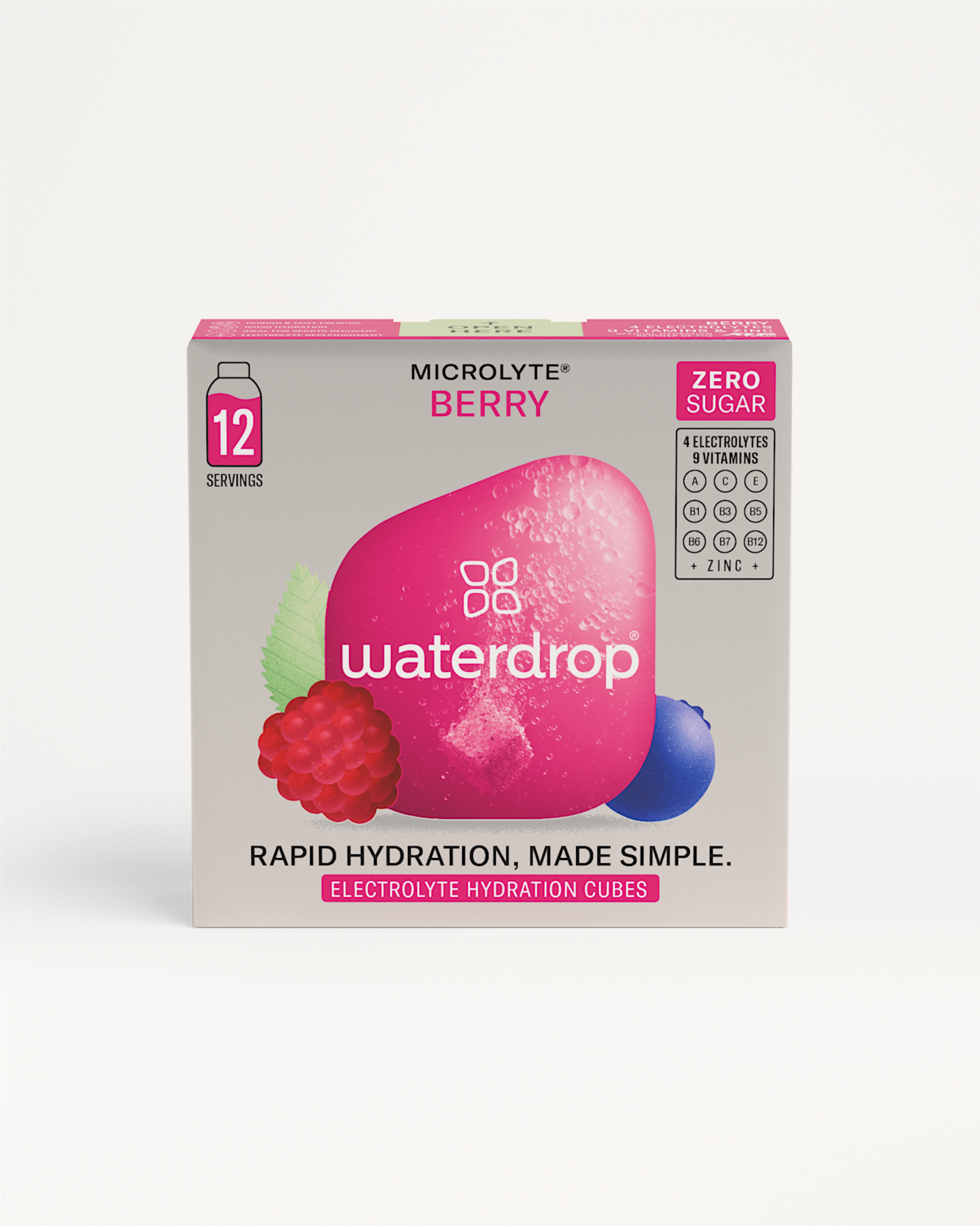 12-pack of Microlyte BERRY waterdrops, containing electrolytes for sports hydration, with visible logo and fruit illustrations on packaging.	