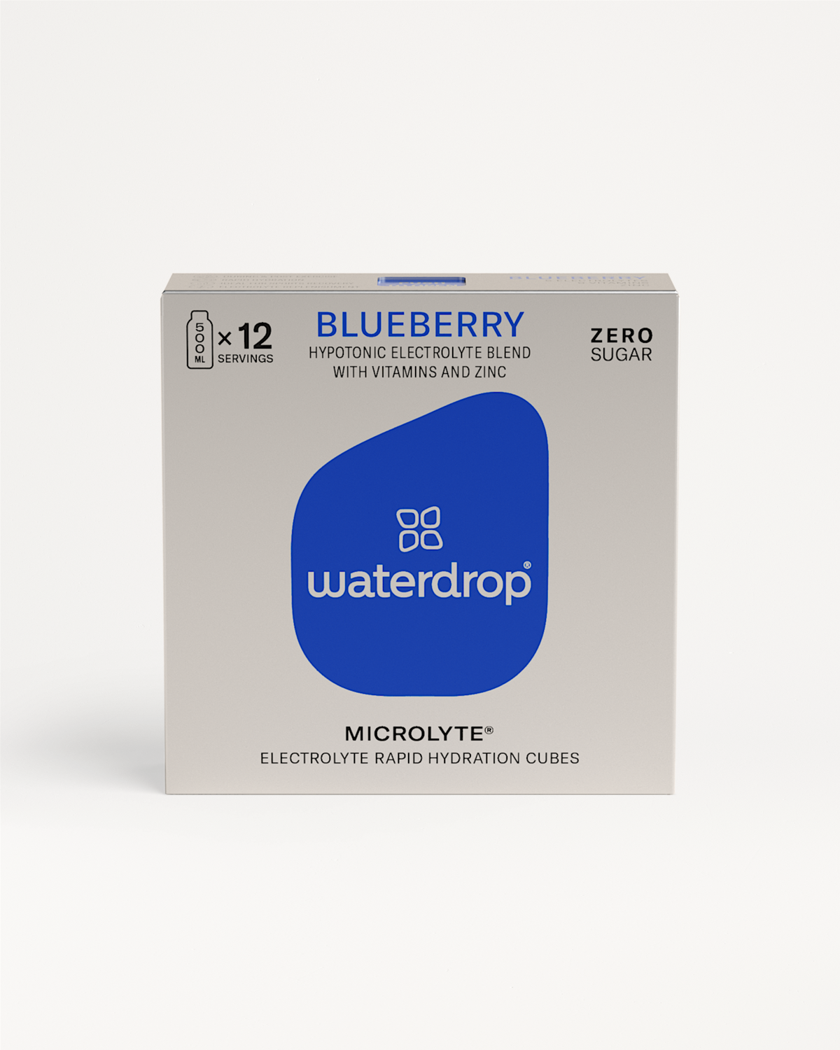 A white box with a blue logo labeled BLUEBERRY containing Microlyte hydration cubes with electrolytes, vitamins, and zinc.