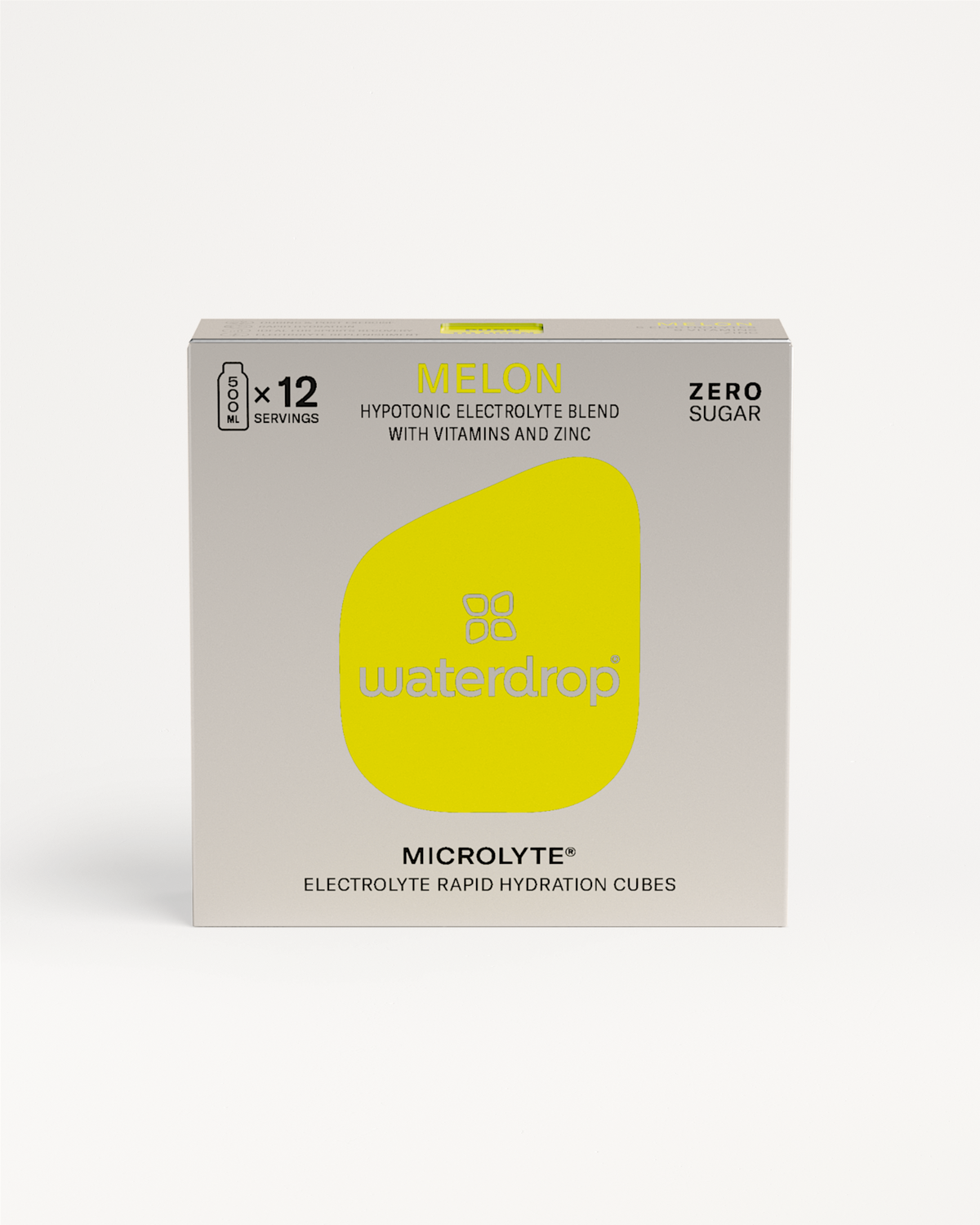 MELON waterdrop® Microlyte box featuring a yellow and grey logo, contains electrolytes, vitamins, and zinc for hydration and sports recovery with a melon flavor.