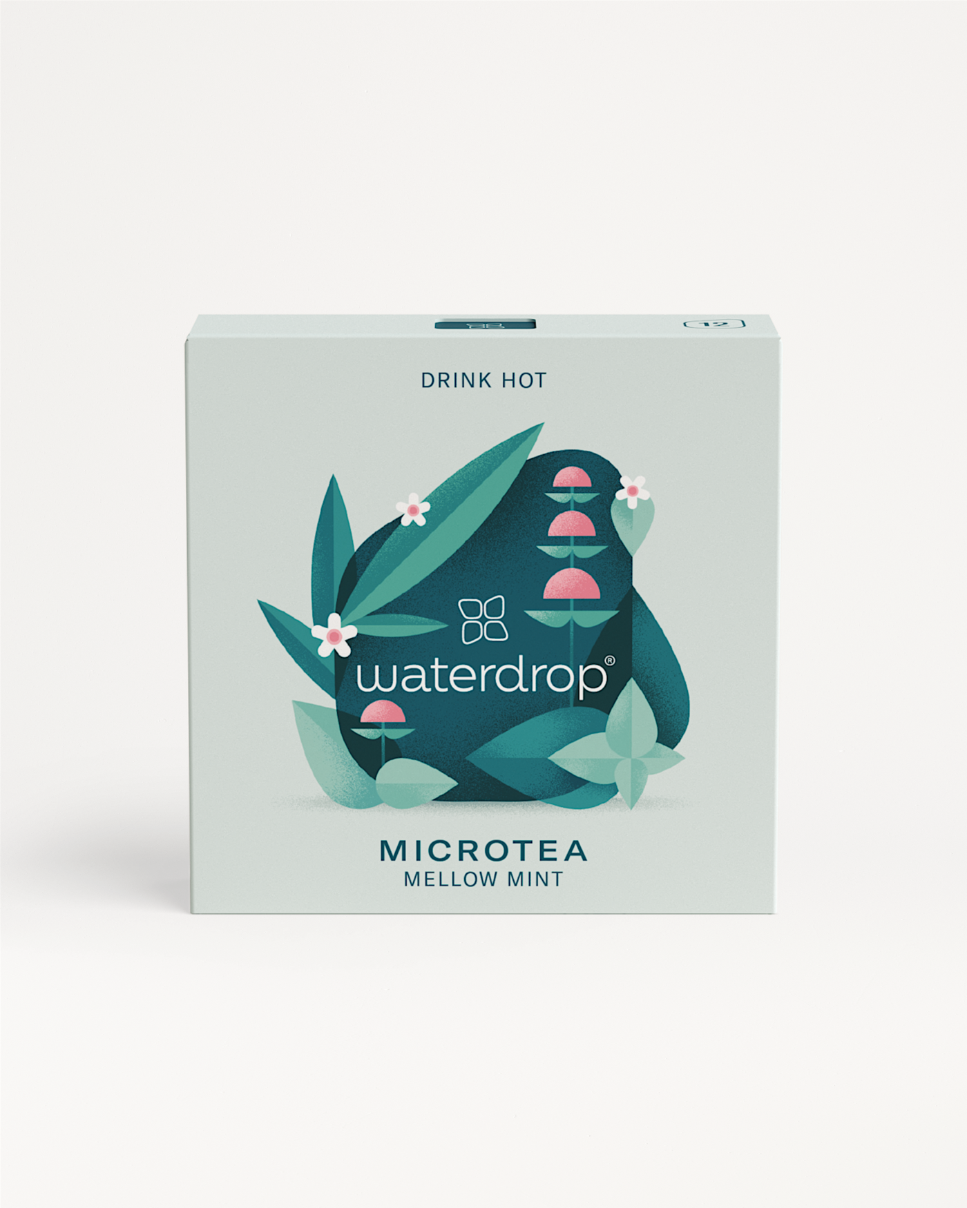 MELLOW MINT tea box featuring a logo with flowers and leaves, promising a delicate infusion of mint, lemon verbena, and apple.