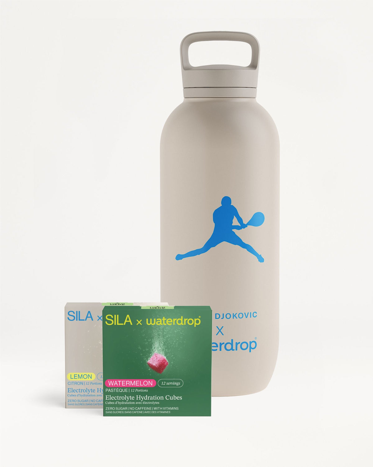 SILA Bottle Set: Djokovic water bottle, Watermelon and Lemon hydration cubes.
