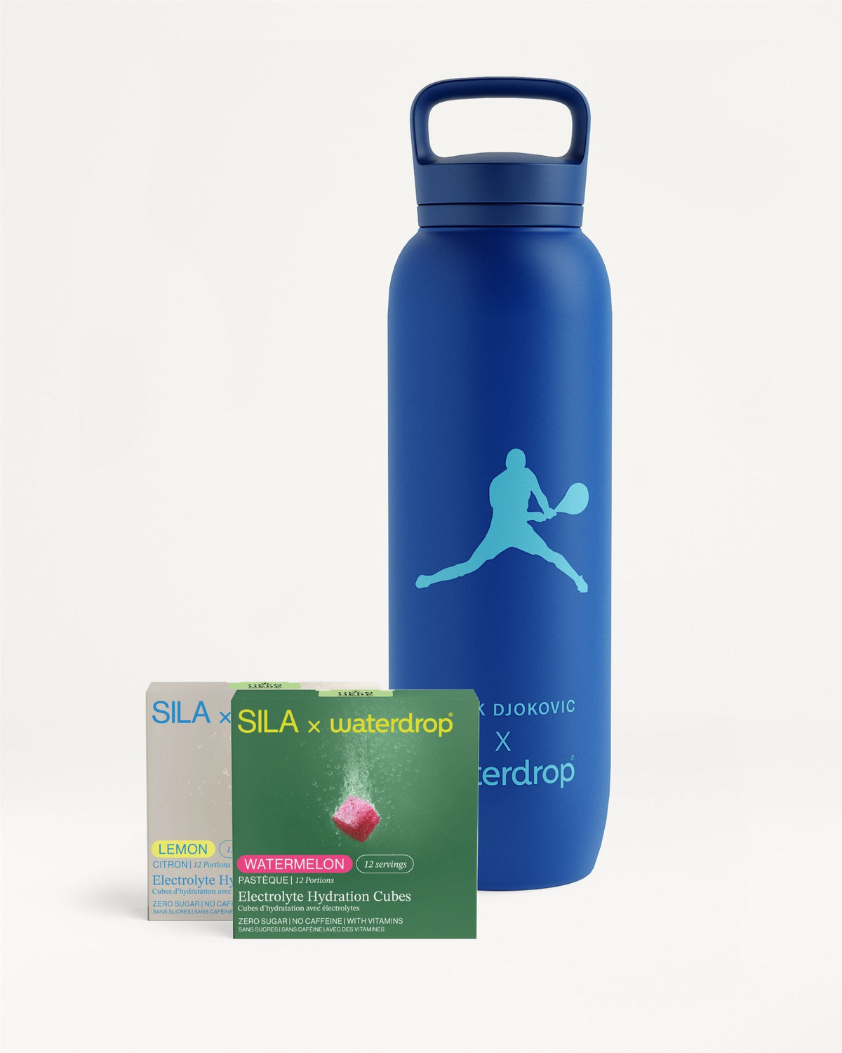 SILA Bottle Set with Novak Djokovic water bottle and hydration cubes.