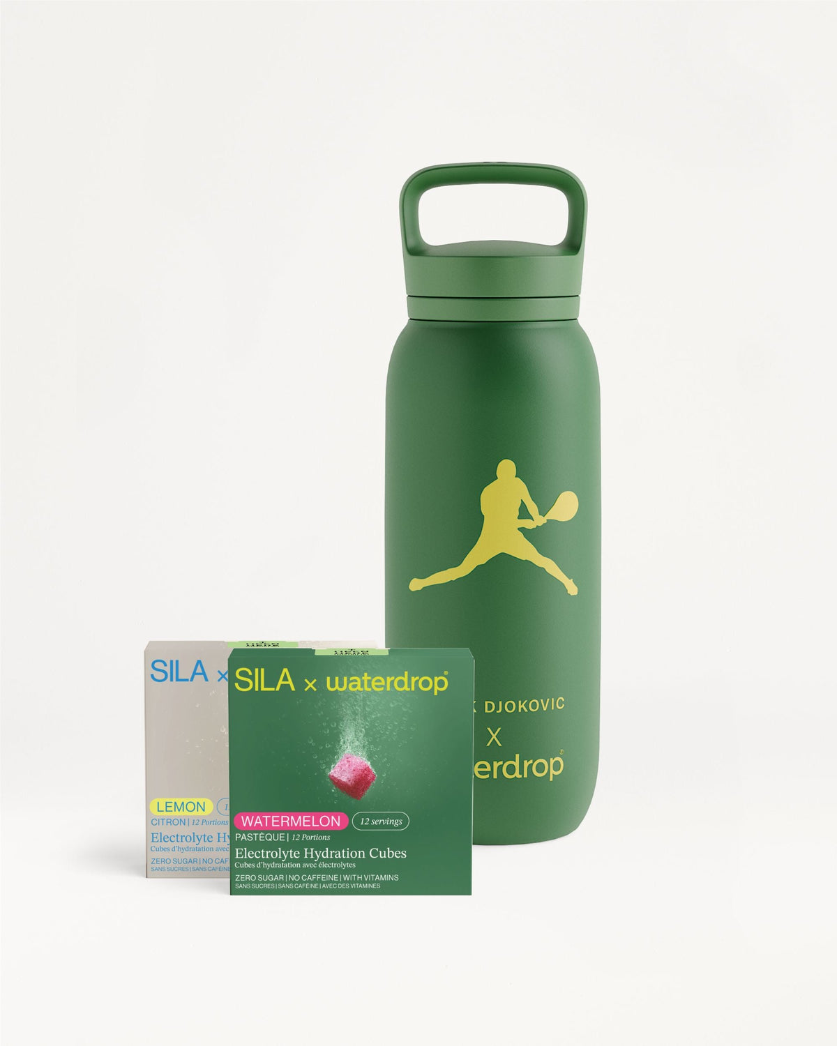 SILA Bottle Set with Novak Djokovic water bottle and cubes.