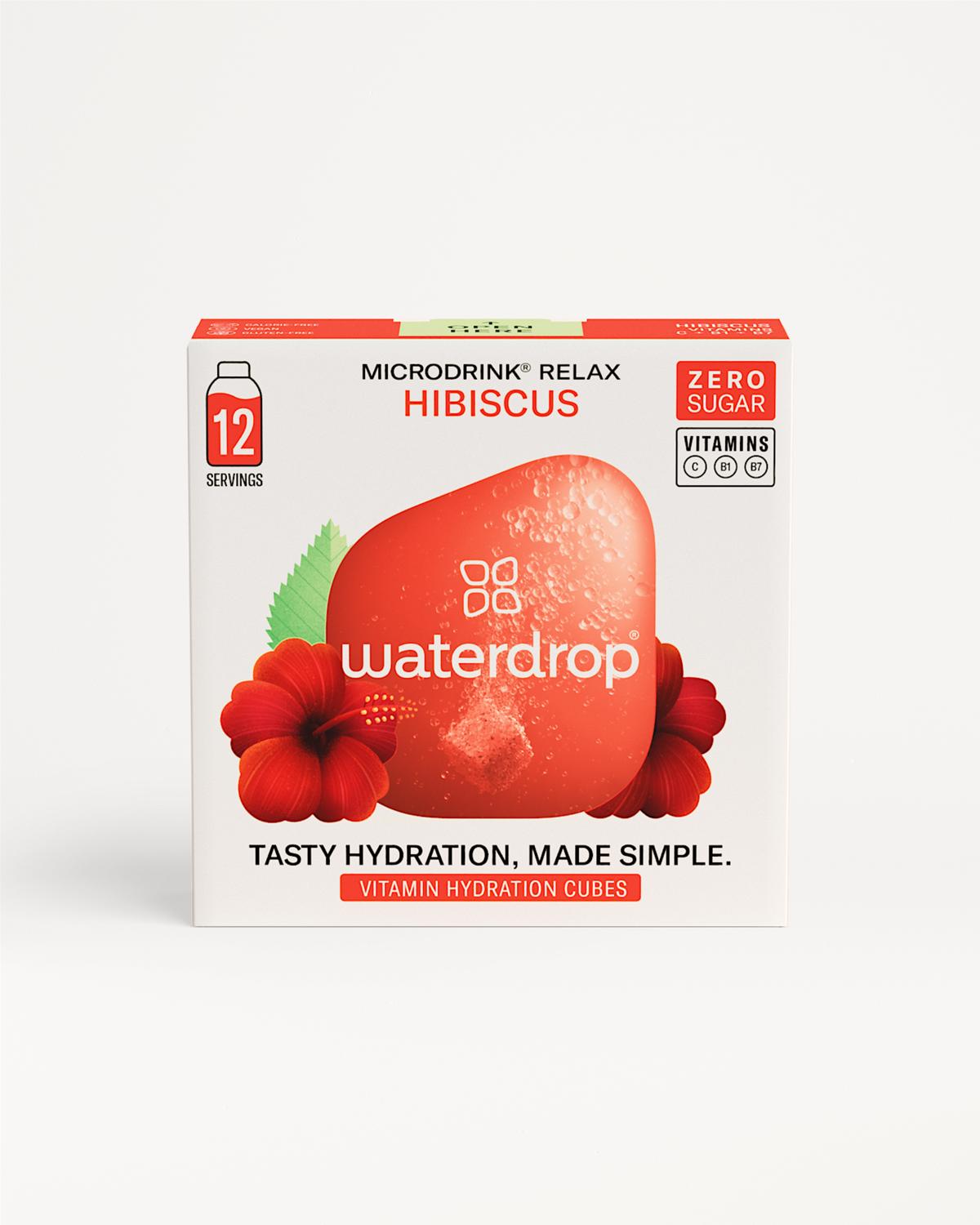 Box of HIBISCUS waterdrop® flavored water cubes, featuring hibiscus, acerola, and raspberry flavors, with packaging showcasing water droplets and red flower imagery.