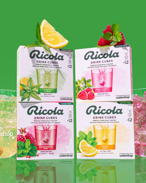 waterdrop® x Ricola Taster Set with herbal drink cubes.