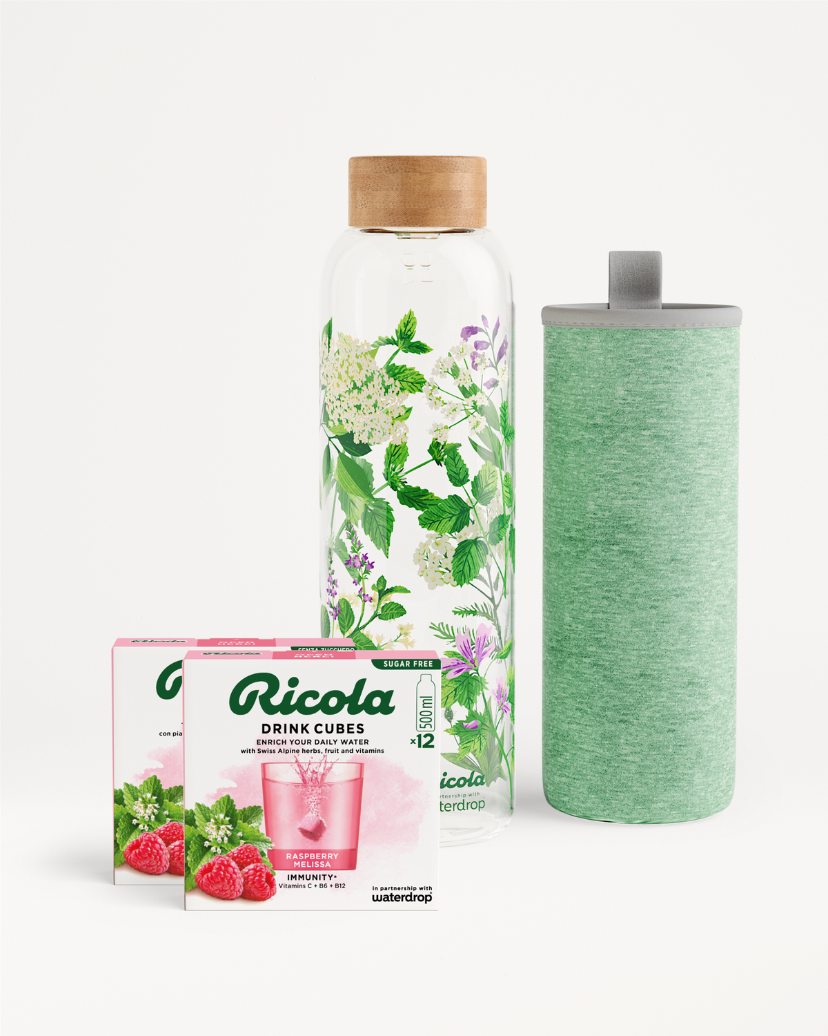Ricola Bottle Set with drink cubes and glass bottle.