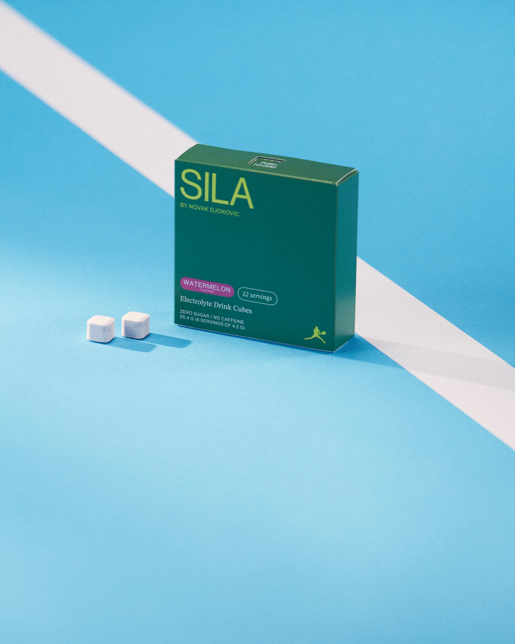 SILA Watermelon electrolytes box with two cubes on a blue surface, designed for high-performance recovery and convenient hydration.