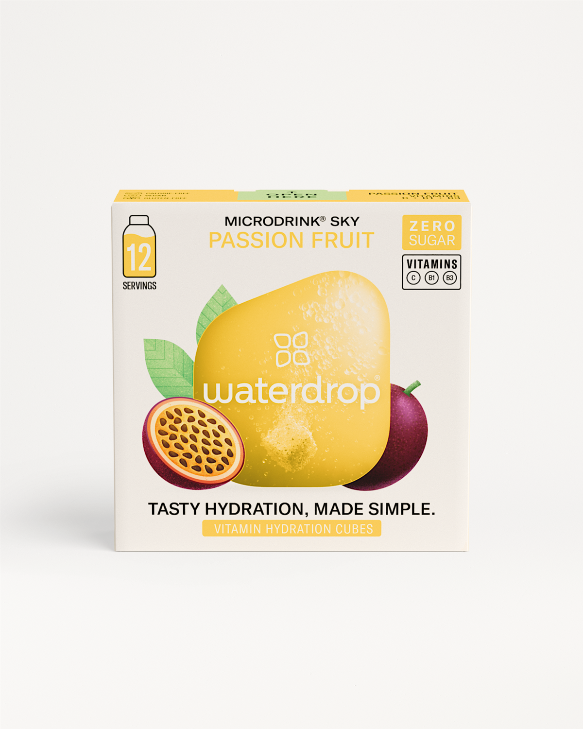 PASSION FRUIT flavored waterdrop® Microdrink box featuring vibrant fruit imagery and detailed packaging, highlighting its tropical, fruity blend of passion fruit, pineberry, and cactus fruit flavors.