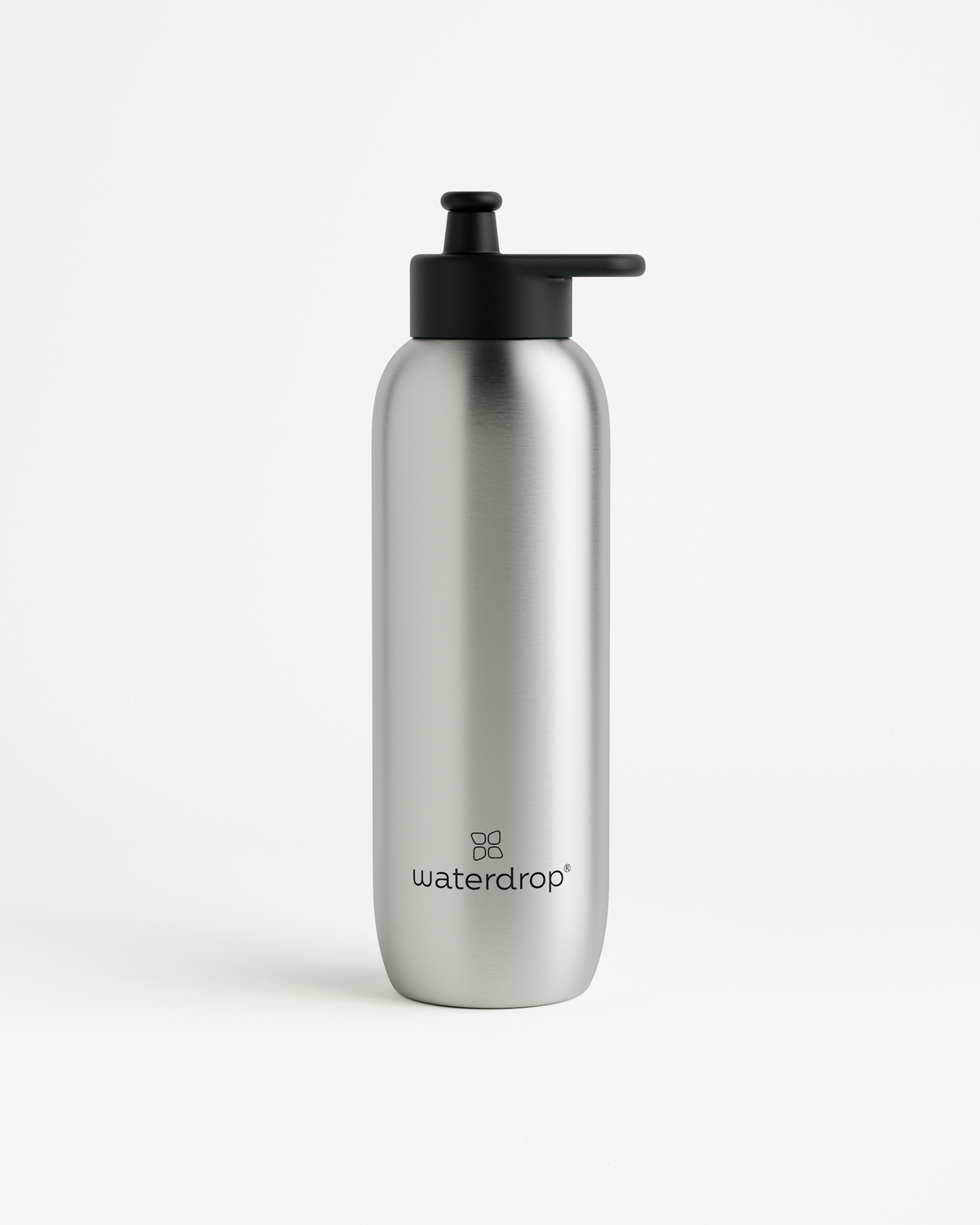 Ultralight Steel water bottle with innovative Pull-Up Cap, ideal for sports, featuring a sleek silver design and black lid for easy hydration on the go.