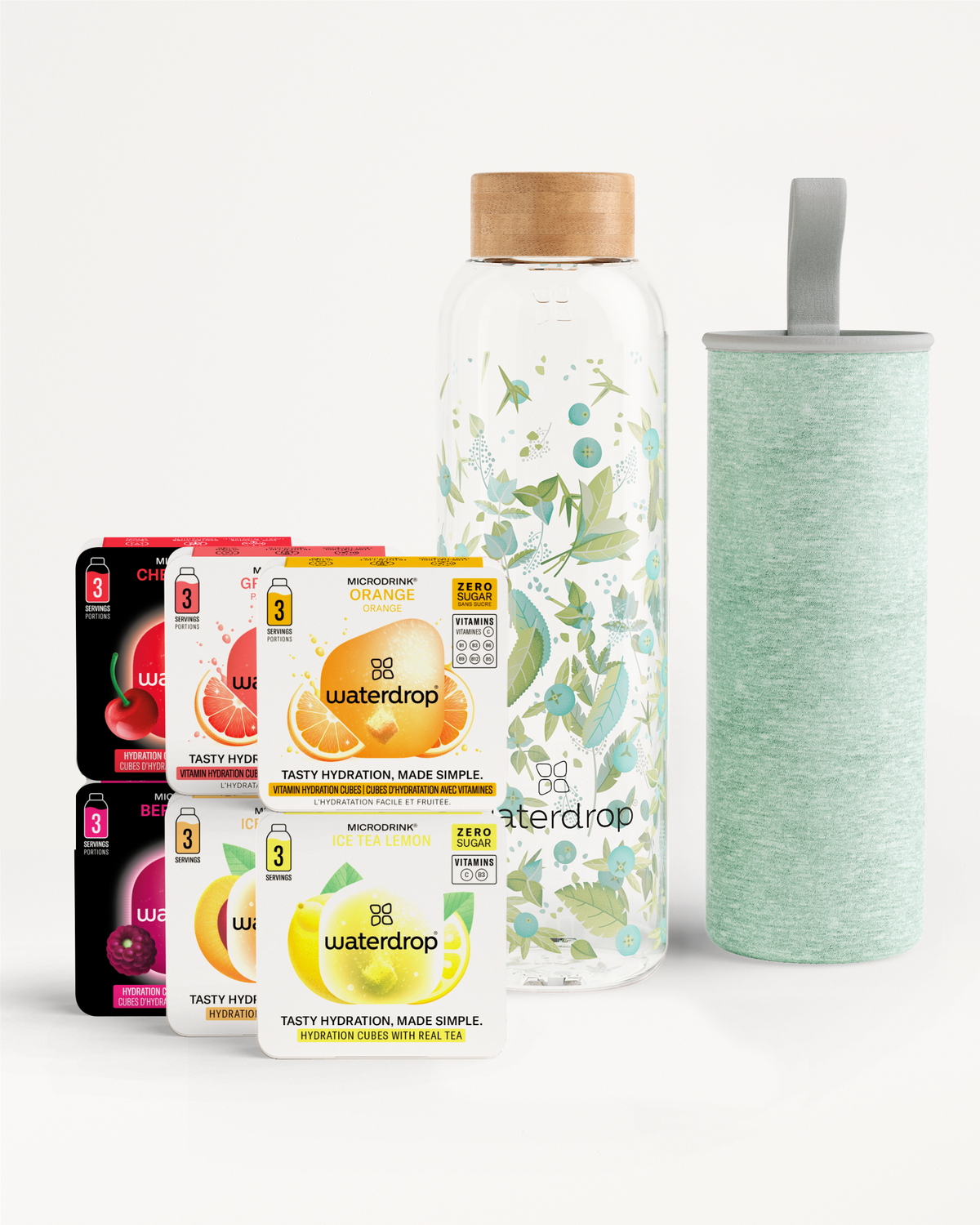 Starter Set Glass with Waterdrop Microdrink cubes and glass bottle.
