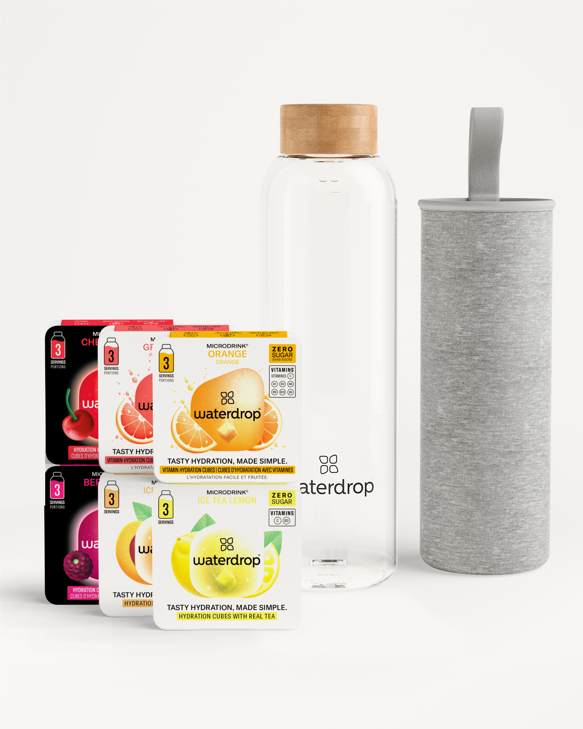 Starter Set Microdrink Glass with hydration cubes and branded bottle.