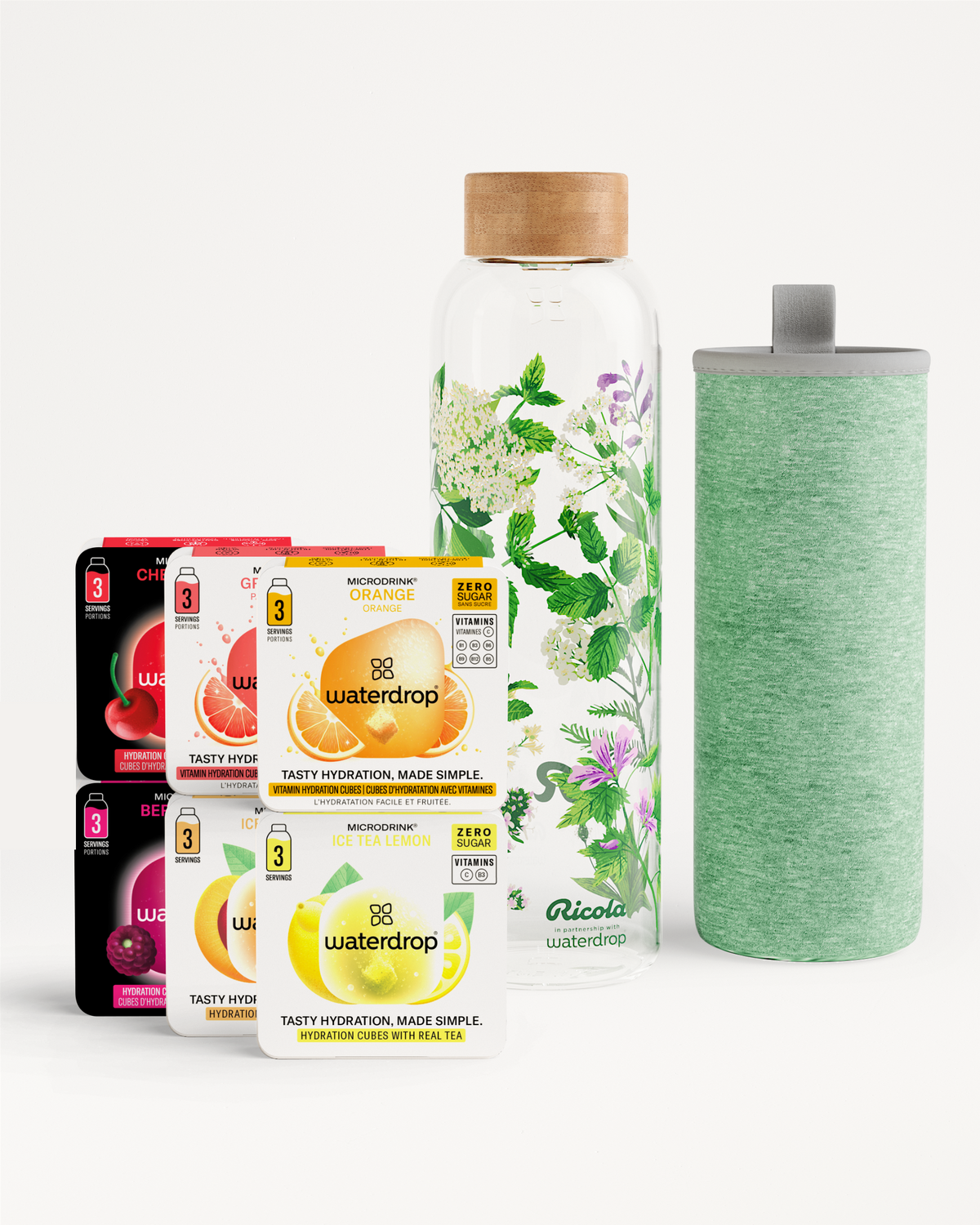 Starter Set Glass: Microdrink packs, floral bottle, green sleeve.