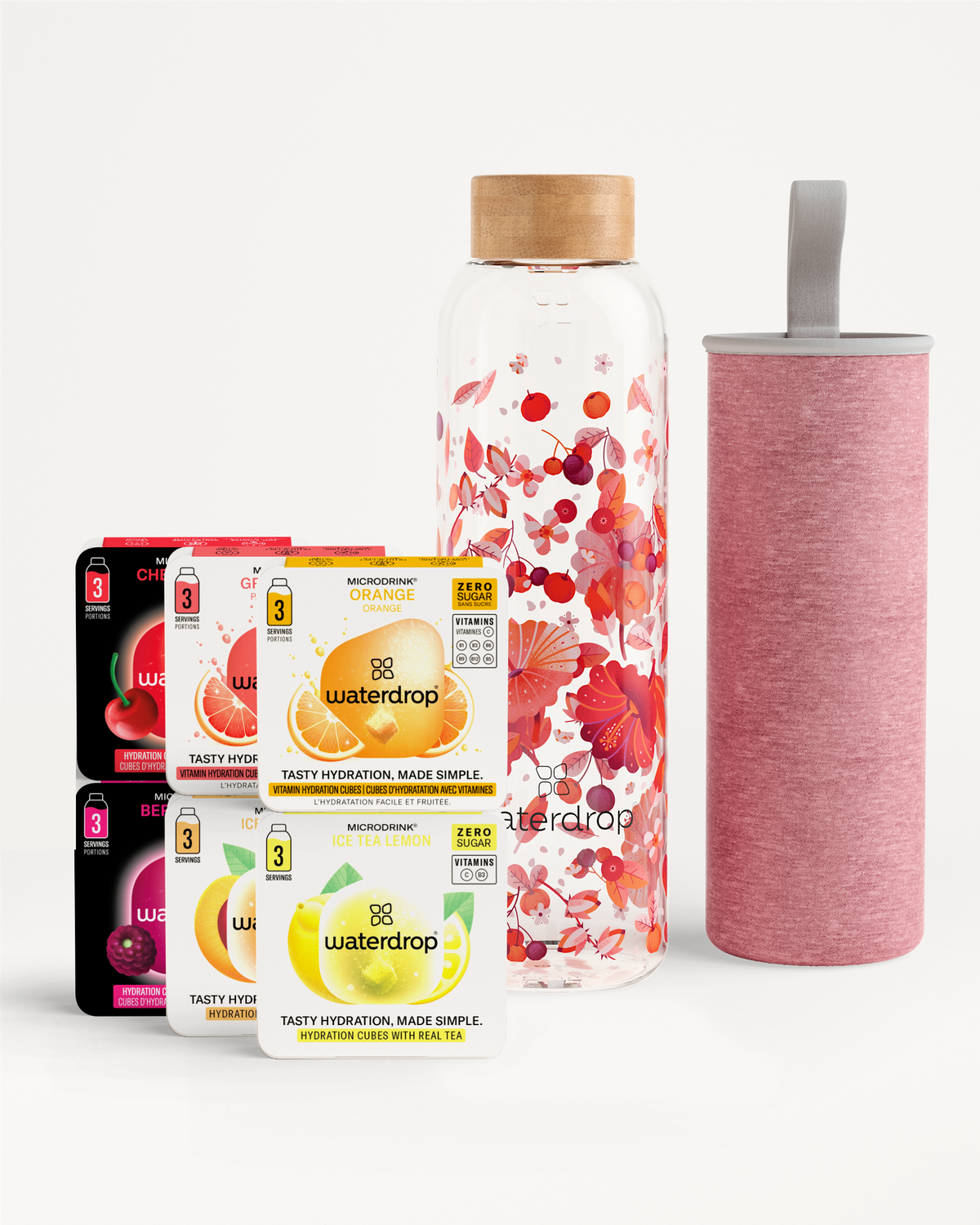 Starter Set Microdrink Glass with hydration cubes and bottle sleeve.