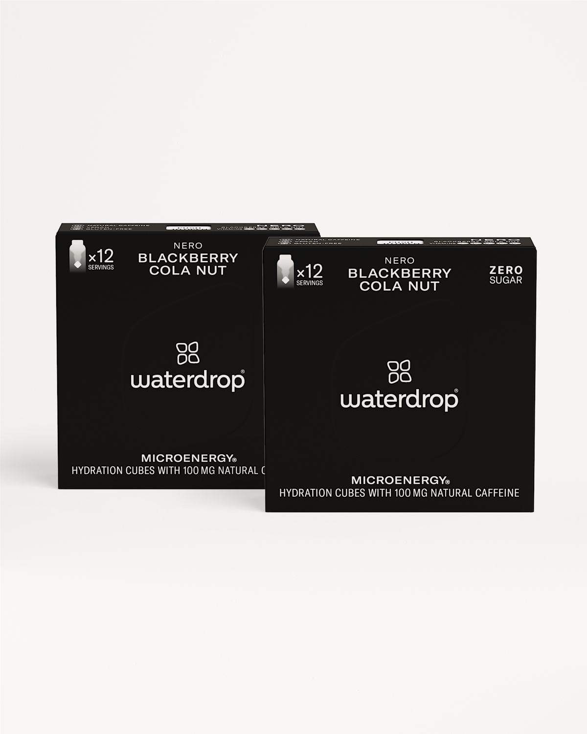 Twin Pack Microenergy: Two black boxes with white text, containing fruity Microenergy flavors with natural caffeine. Enjoy the invigorating kick with two 12-packs, limited time offer.