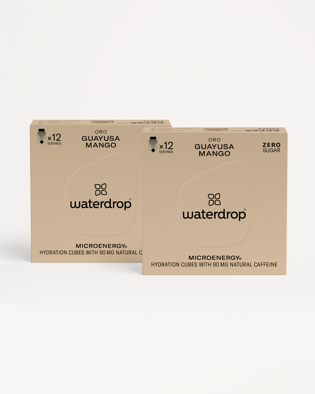 Twin Pack Microenergy: Two boxes of waterdrop® Microenergy, each a 12-pack of fruity, caffeine-infused hydration cubes, displayed with close-up logos.