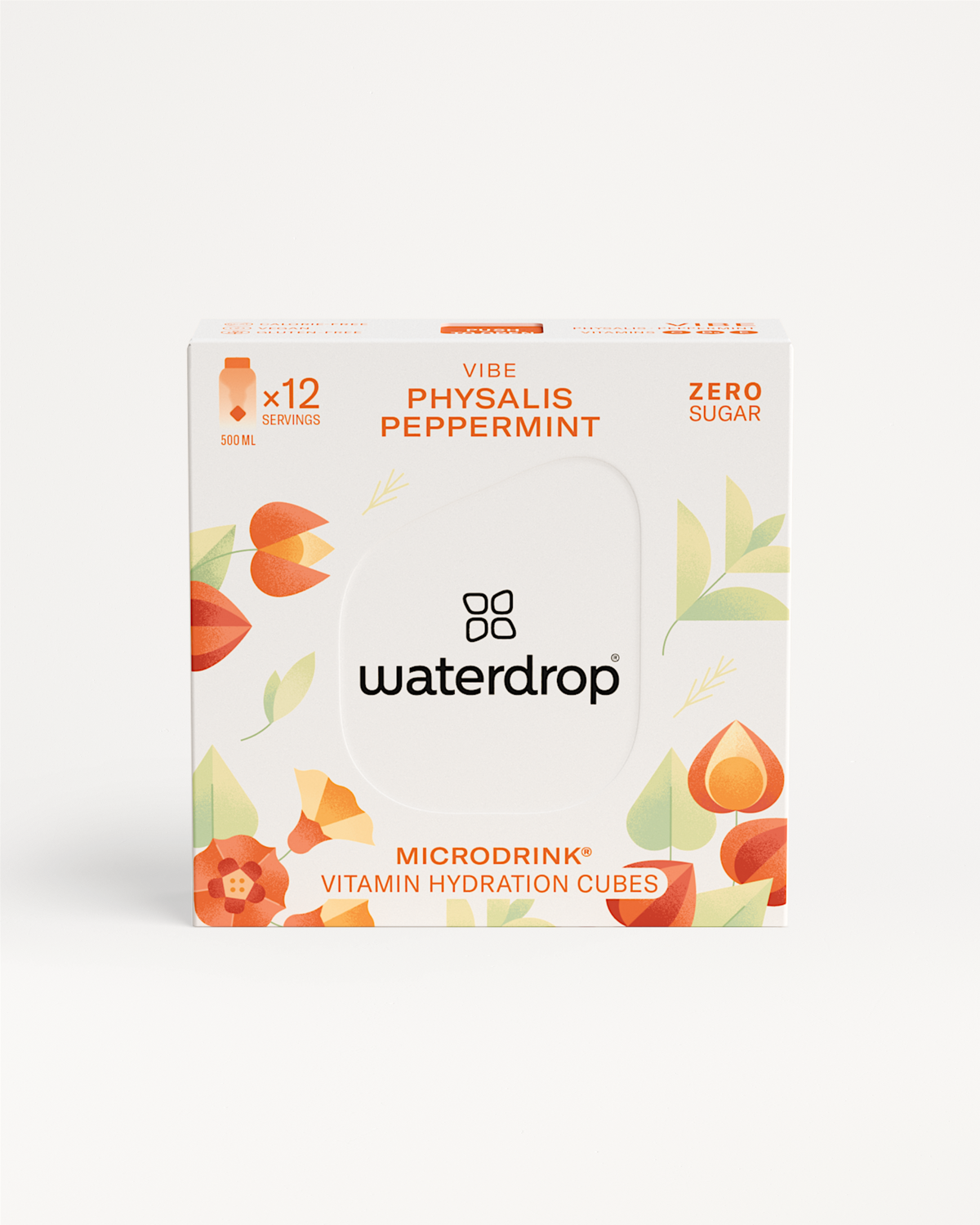 PHYSALIS Microdrink cube, featuring sweet physalis, peppermint, and rosemary, designed to enhance water with natural flavors.