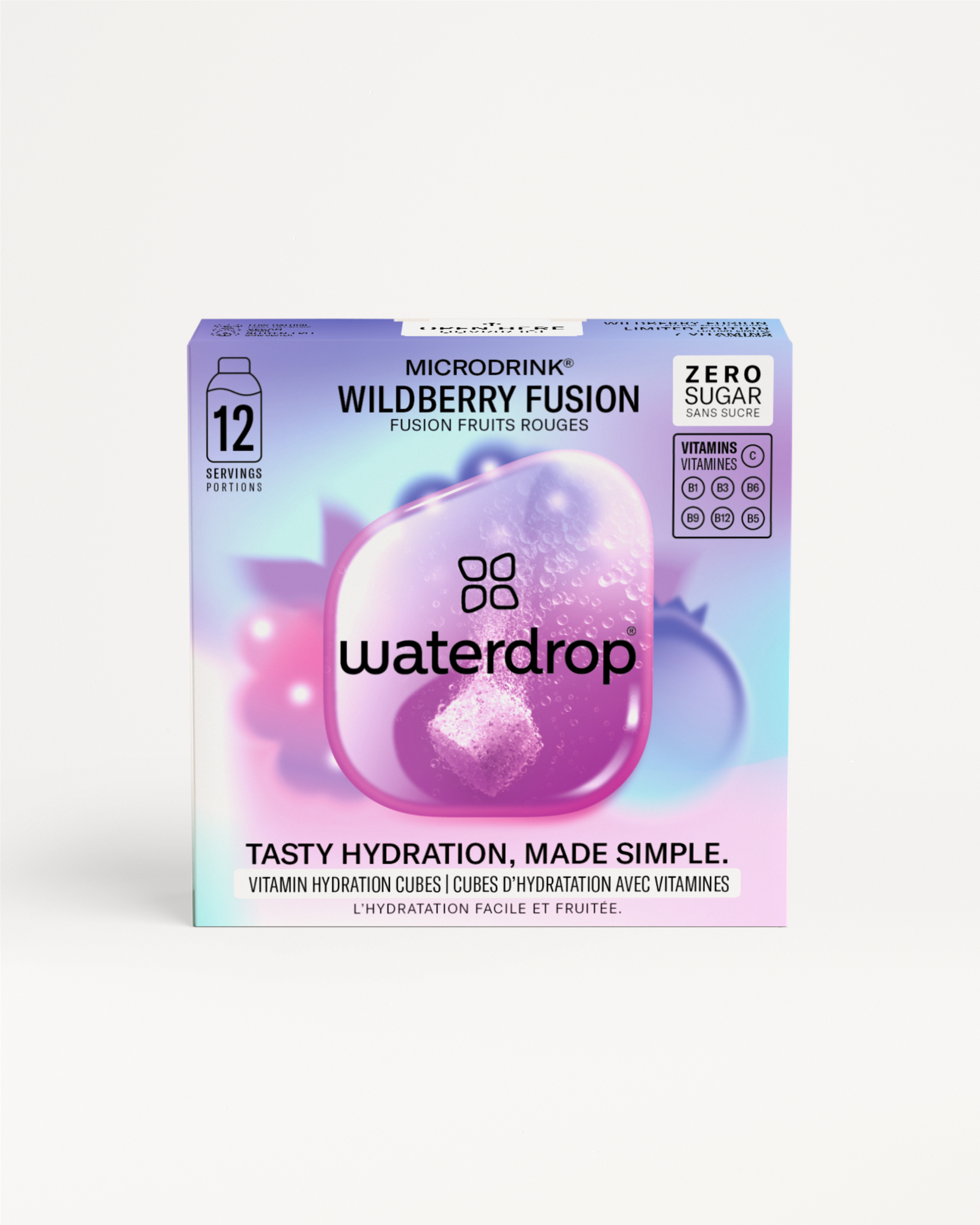 Wildberry Fusion vitamin hydration cubes, 12 servings, zero sugar.