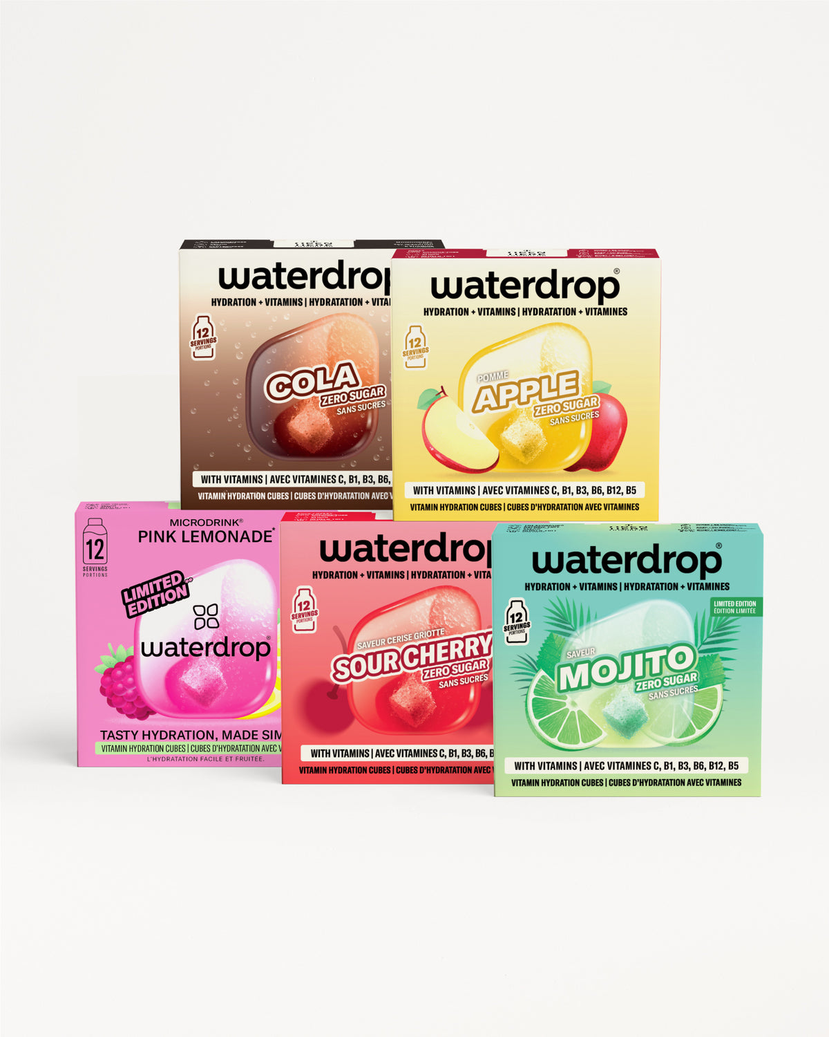 Assorted Waterdrop flavor boxes displayed in a stacked arrangement.