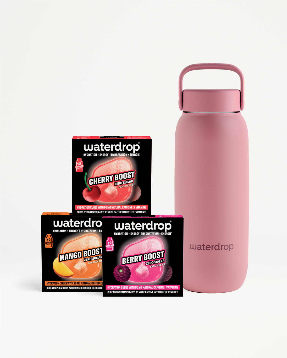 Assorted Waterdrop flavor packets and a pink reusable water bottle.