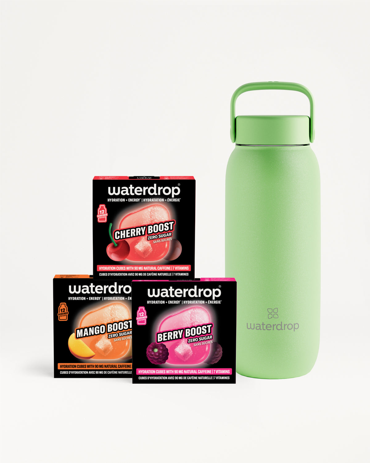 Green insulated bottle with a handle beside three Waterdrop flavor boxes.