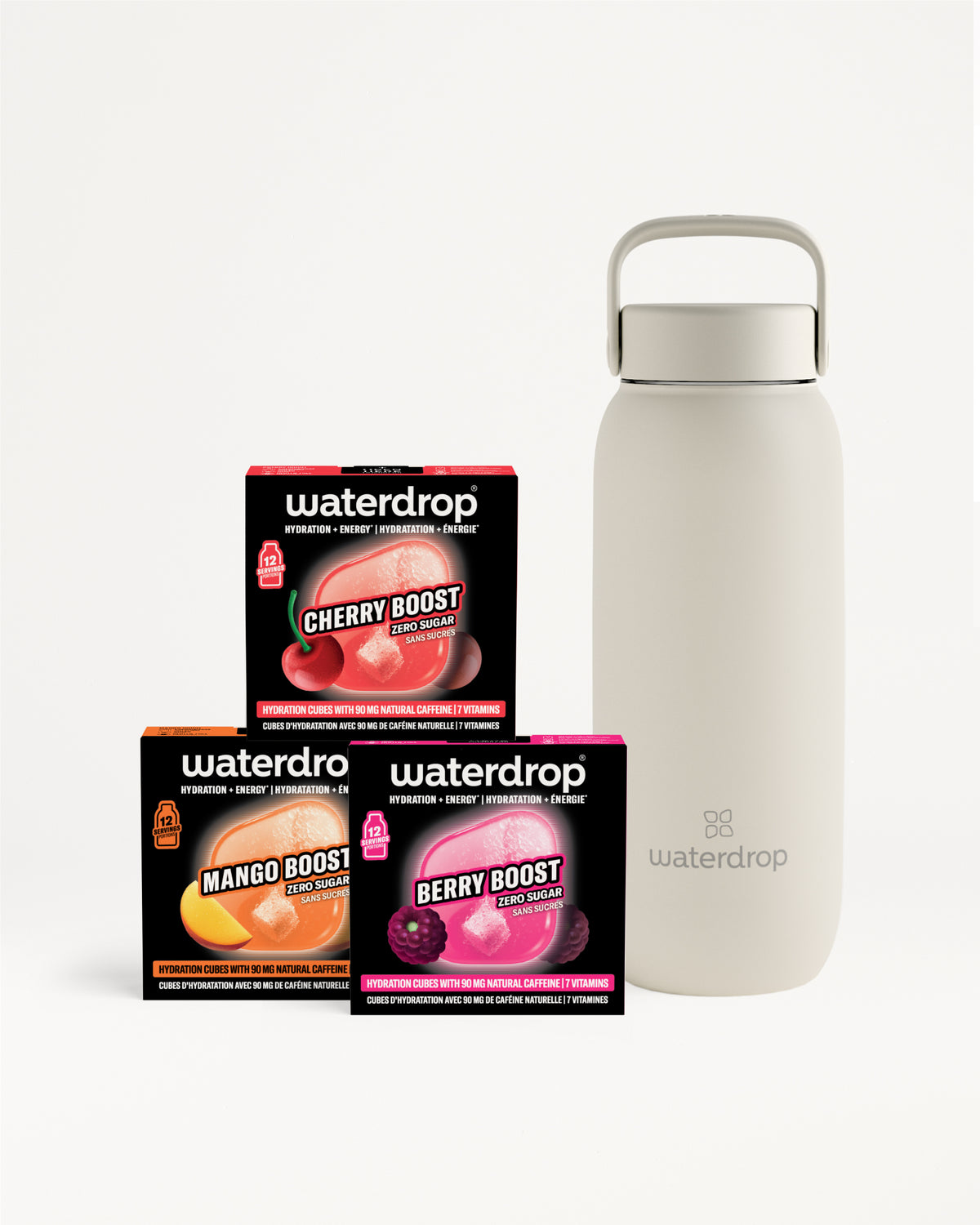 Three flavor Boost sachets beside a light gray reusable bottle.