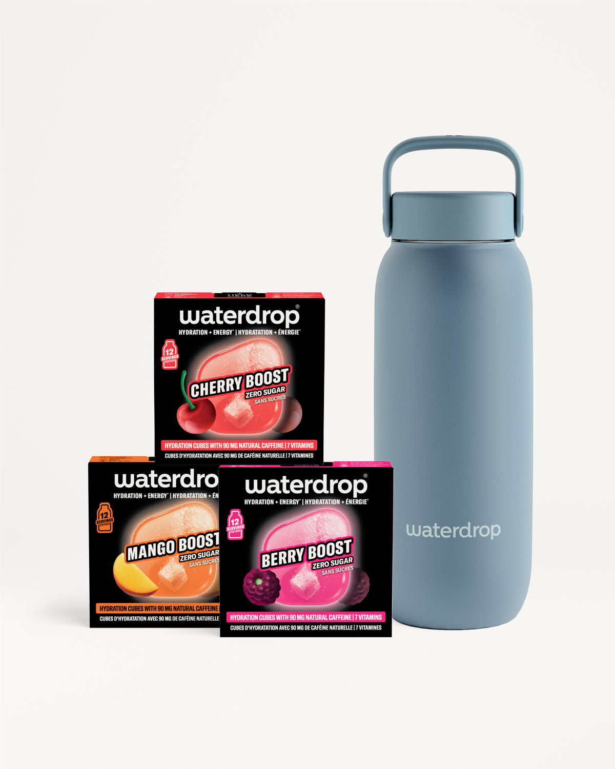 Light blue reusable water bottle beside three Waterdrop flavor-boost boxes on a white background.