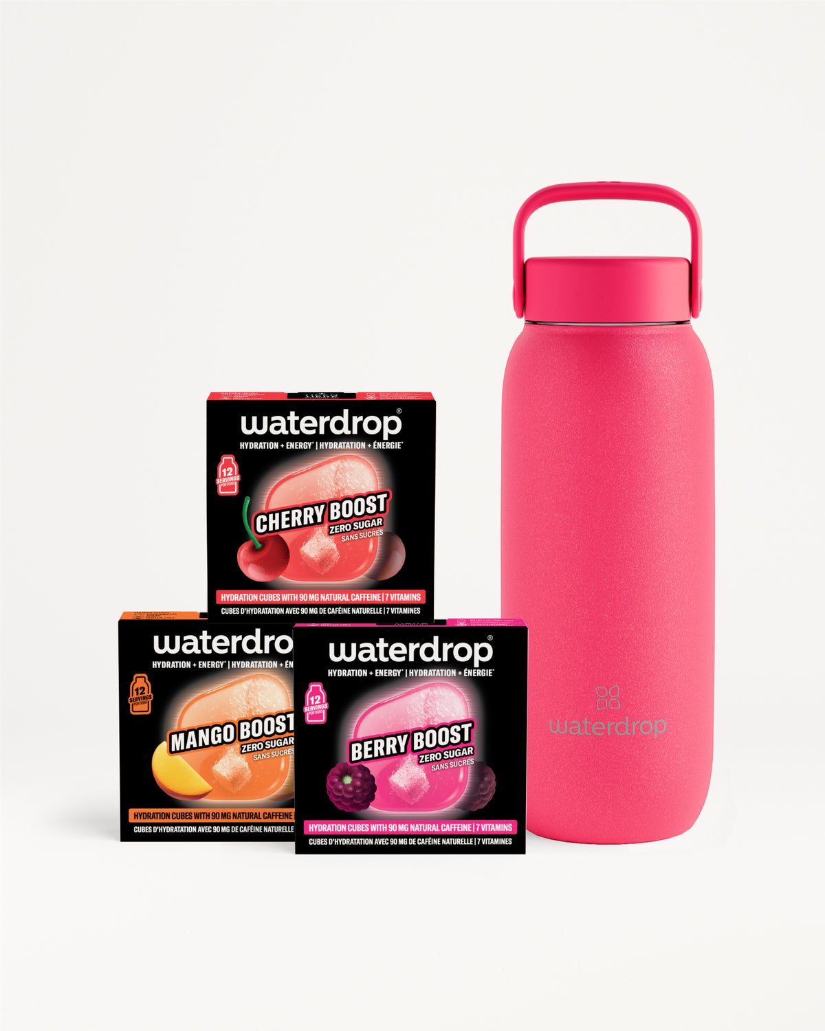 Pink reusable water bottle beside three small black Waterdrop boxes.