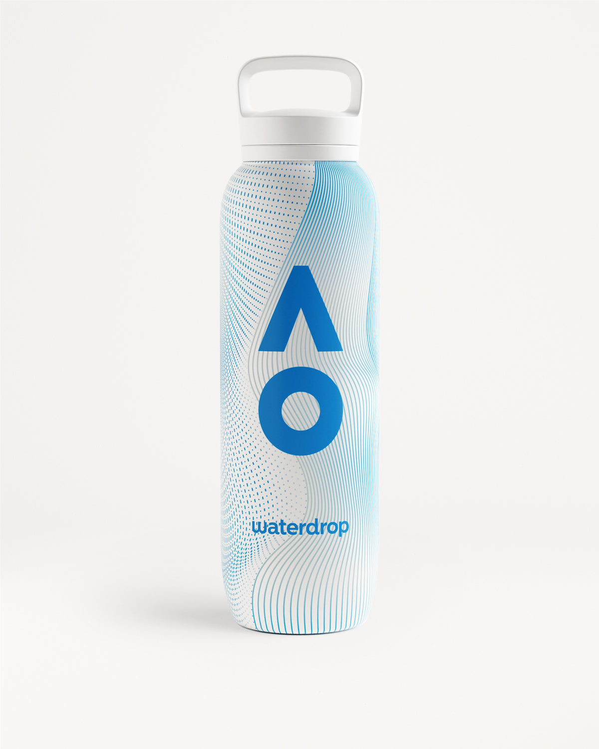 Tall white and light blue water bottle with a white flip-top cap and handle, featuring a blue geometric logo and a wavy pattern.