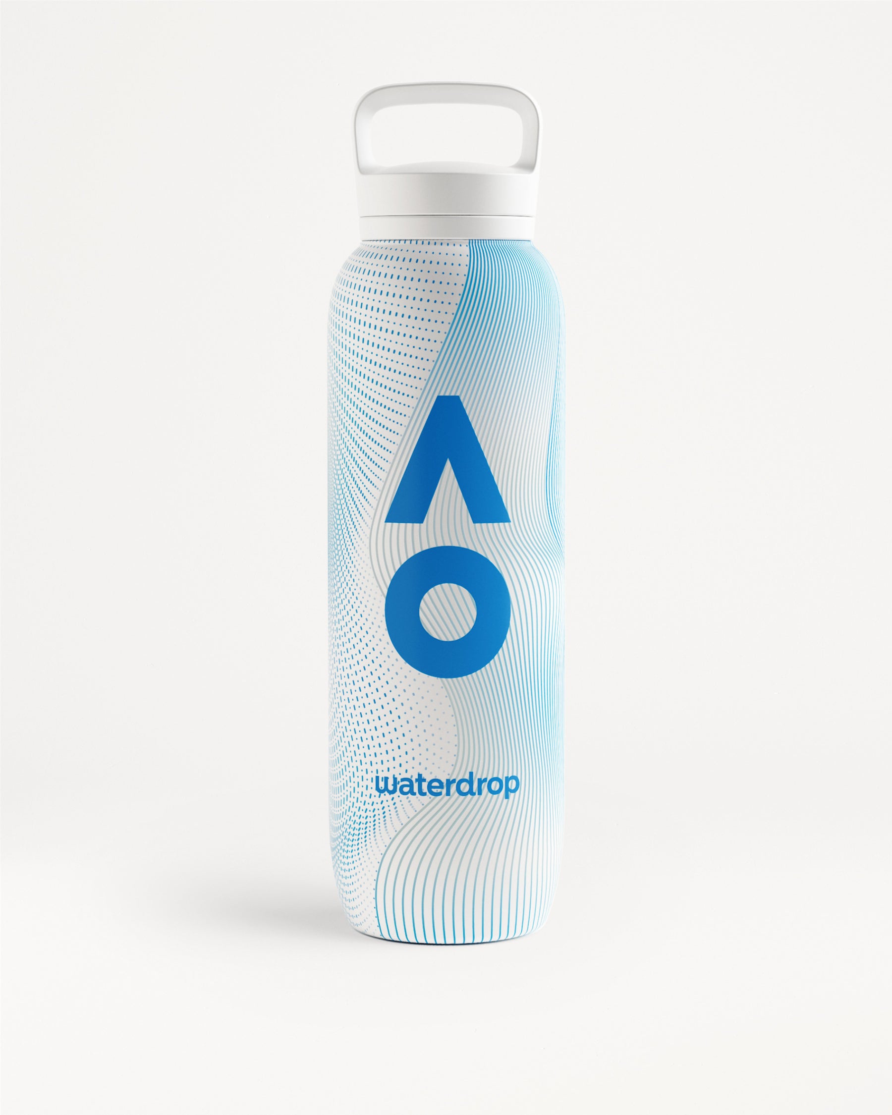 Tall white and light blue water bottle with a white flip-top cap and handle, featuring a blue geometric logo and a wavy pattern.