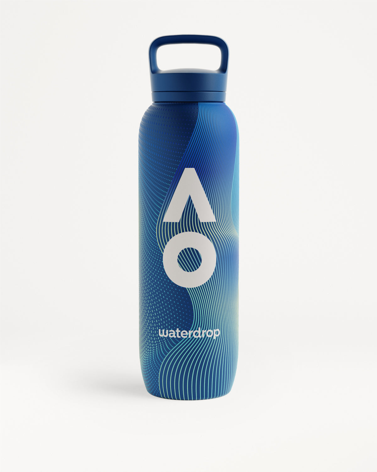 Blue water bottle with a loop-cap and white AO logo.