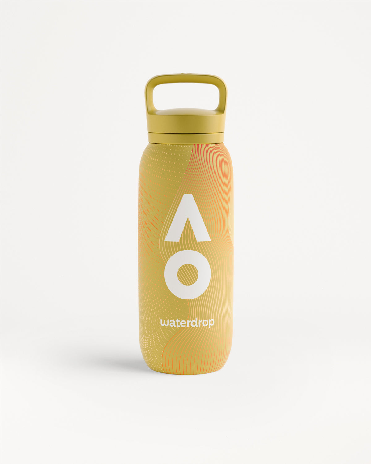 Yellow-orange reusable water bottle with a handle on top and subtle wavy pattern on a white background.