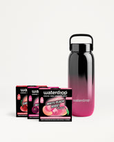 Gradient black-to-pink reusable water bottle with flavor packets.