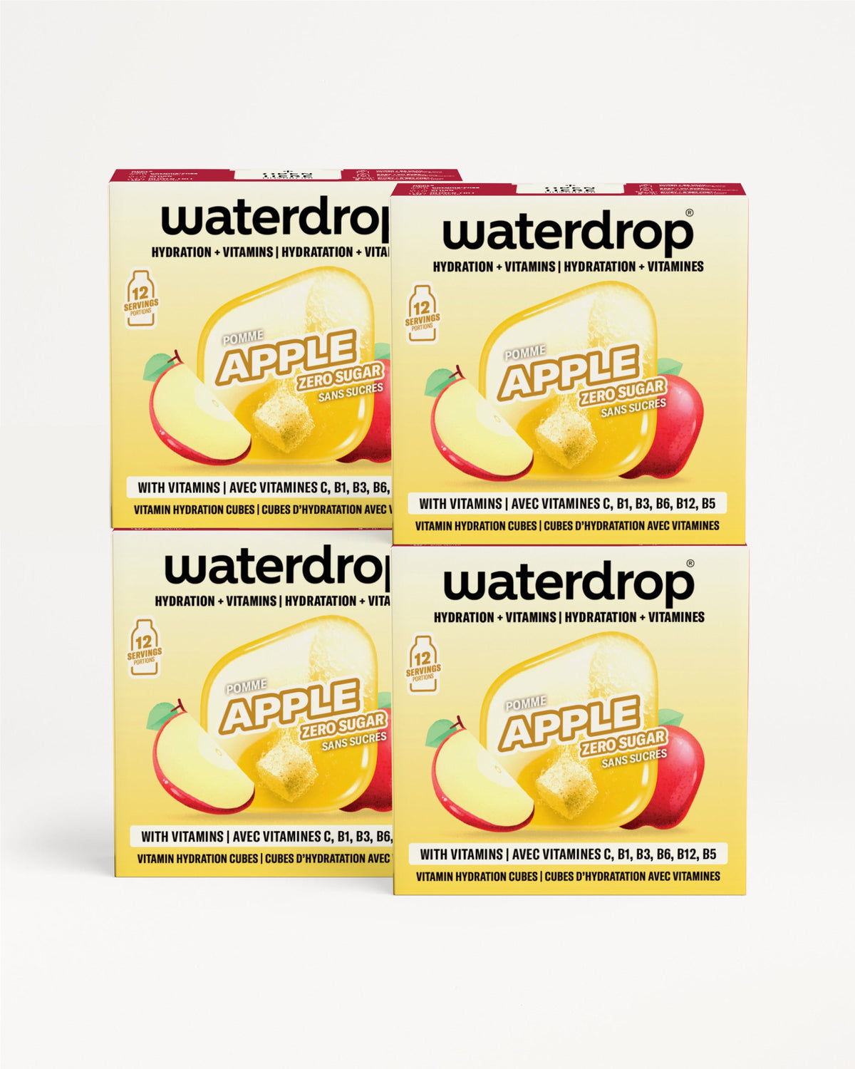 Four apple-flavored Waterdrop sachets arranged in a 2x2 grid.