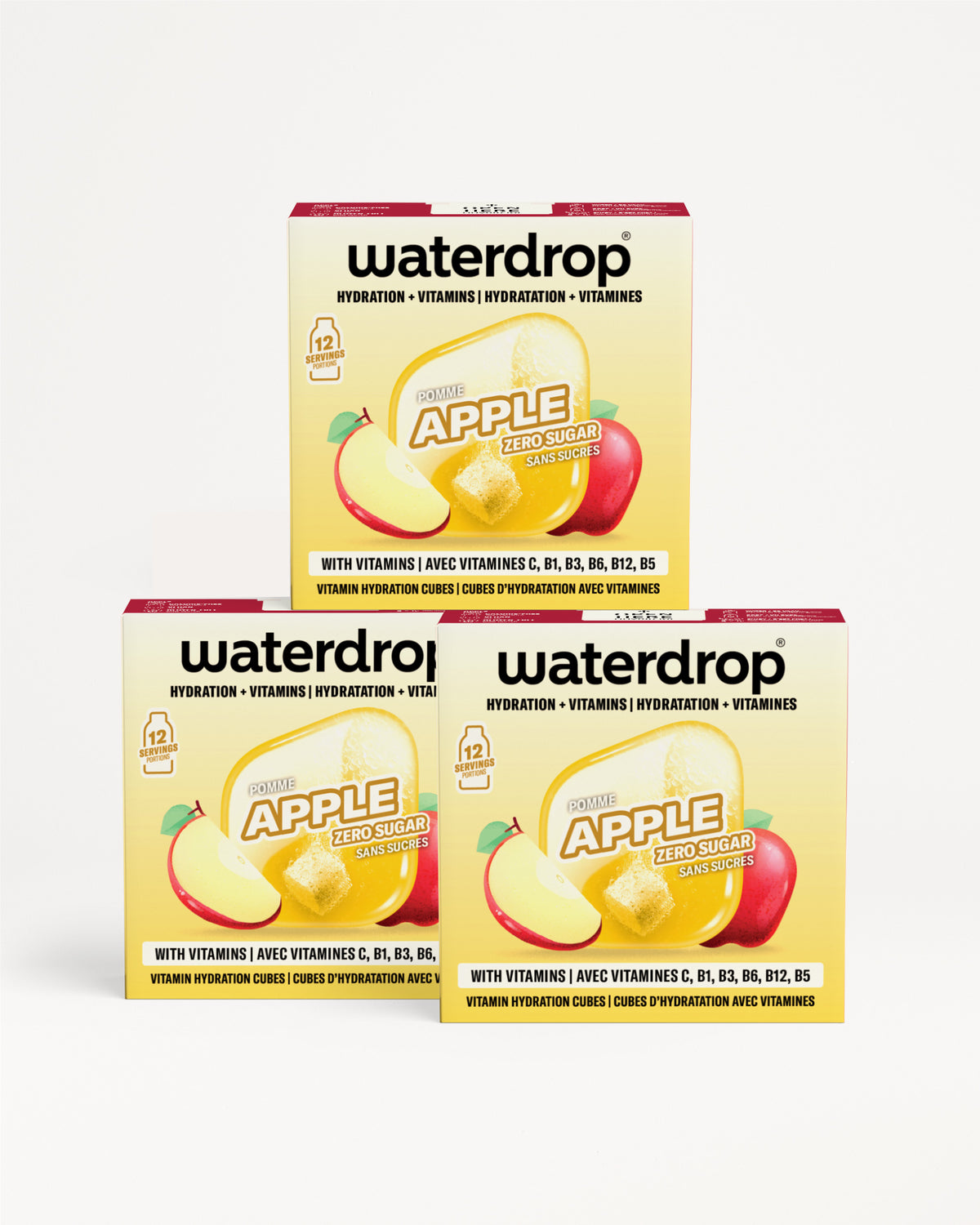 Three Waterdrop Apple hydration vitamin drops boxes stacked in a pyramid.