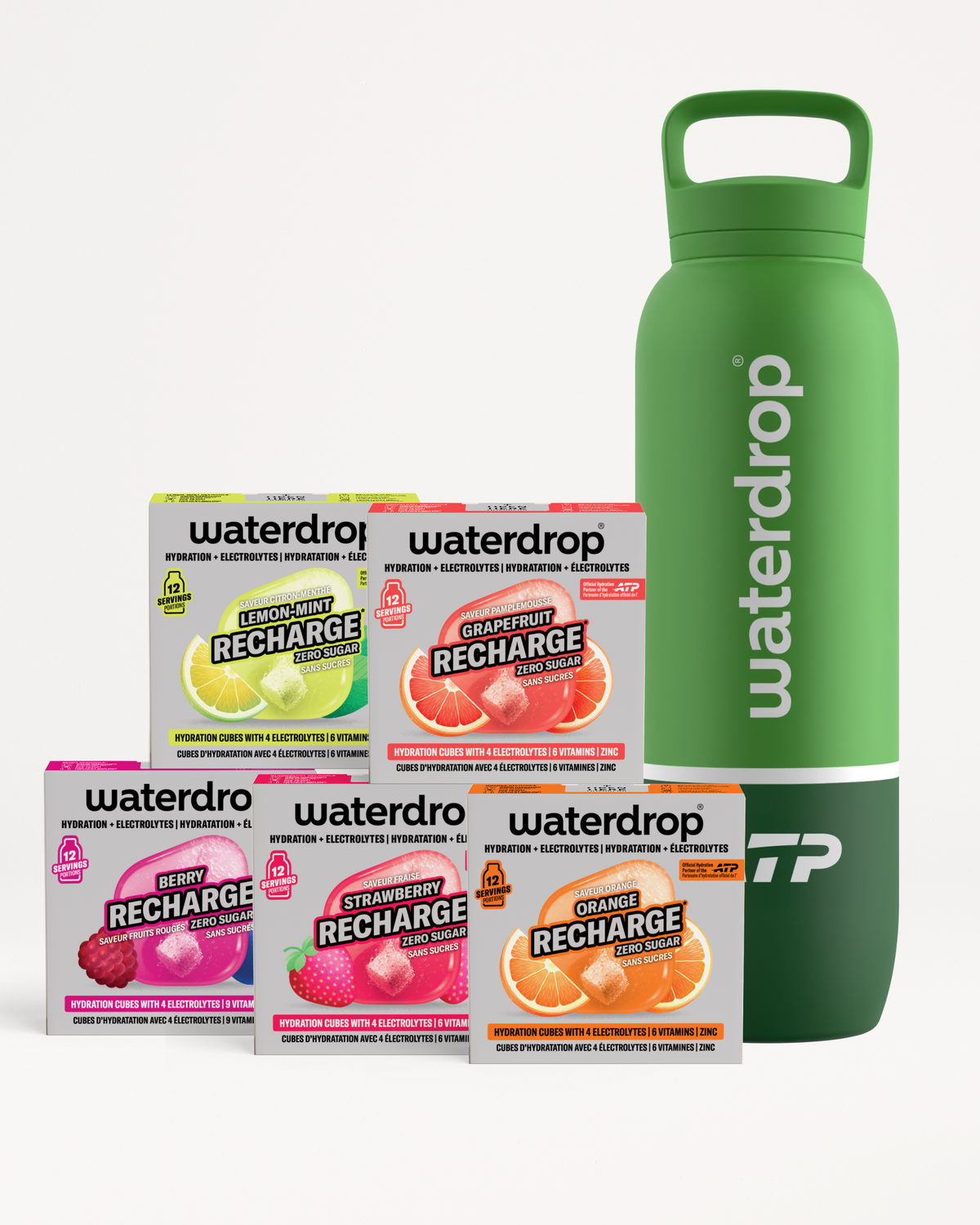Assorted Waterdrop Recharge flavor boxes with a green reusable bottle.