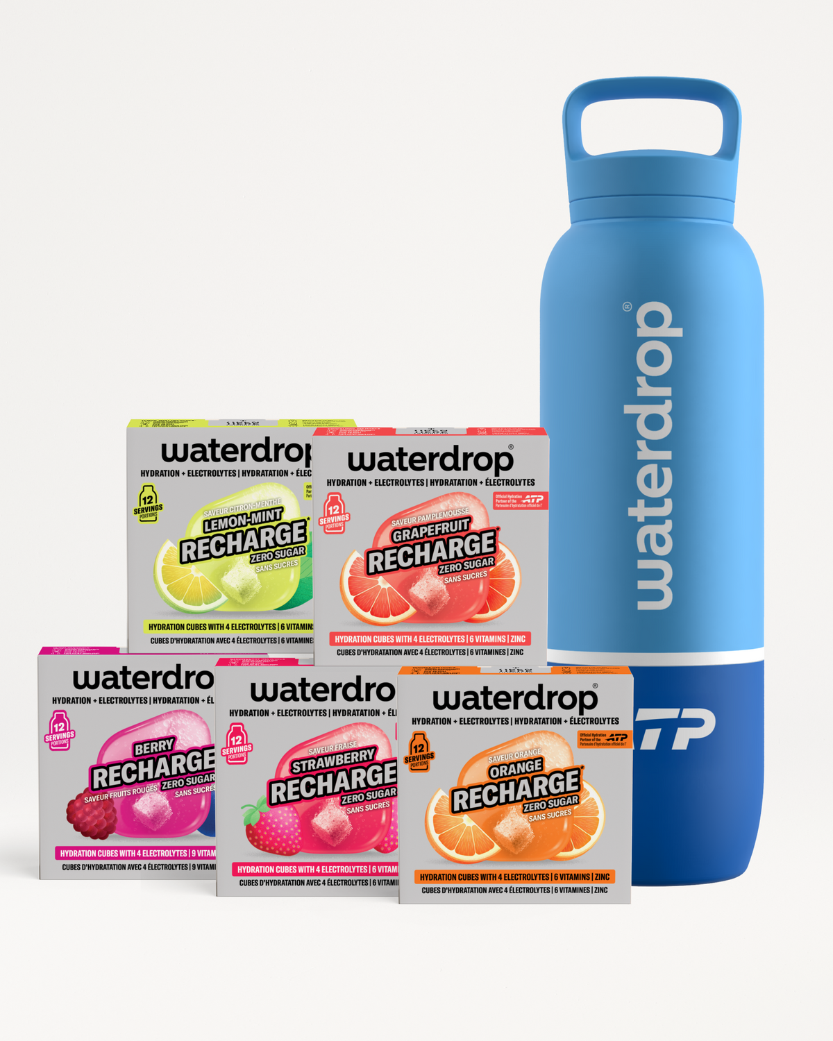Blue Waterdrop reusable bottle with four Waterdrop Recharge flavor boxes in front.